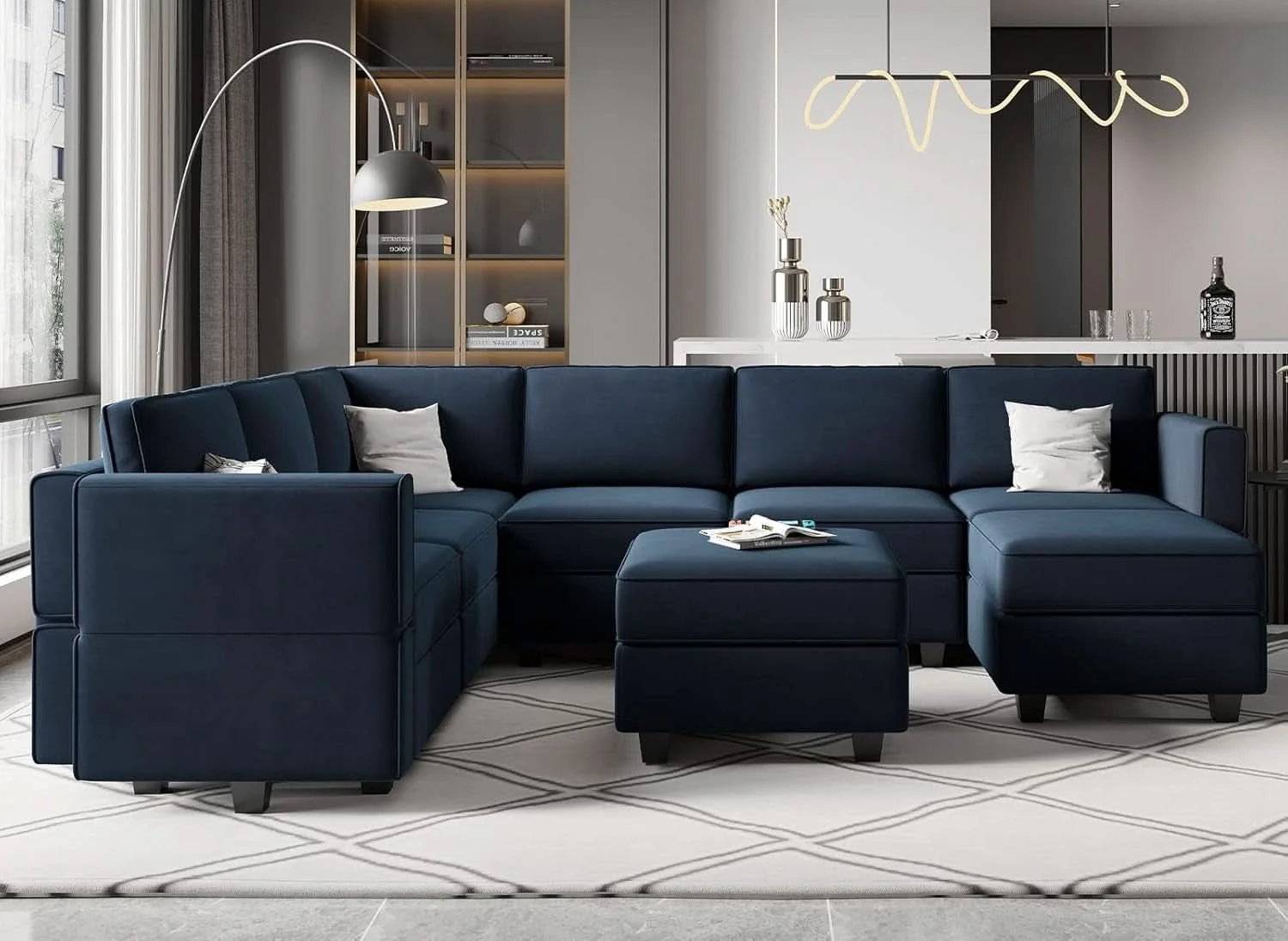 Classic Modular Velvet Sectional Sofa Blue With Storage Ottoman Contemporary