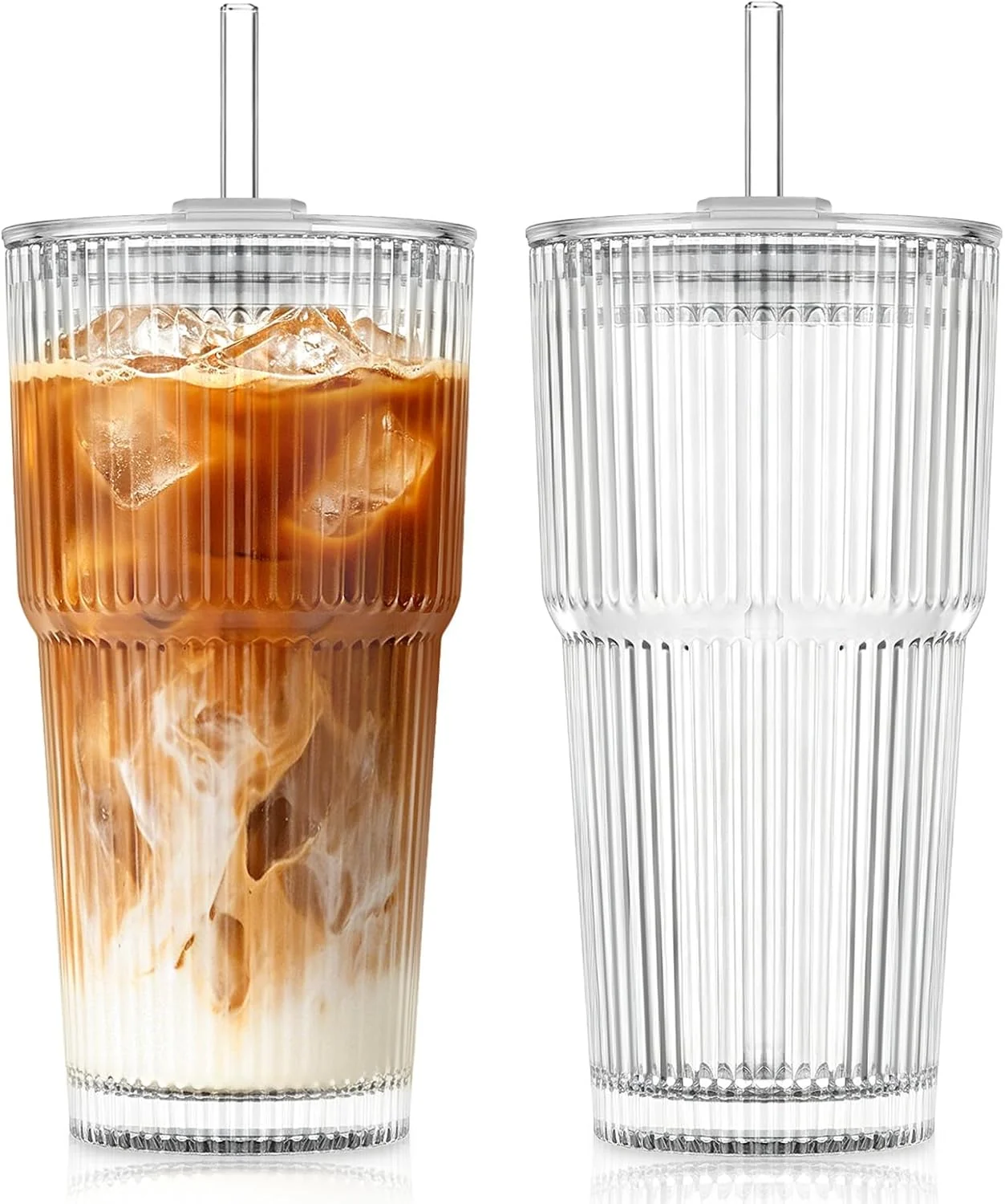 Breathable KEMORELA 20oz Ribbed Glass Tumblers with Lids and Straws Iced Coffee Cups Reusable thick-wall glass Leak-Proof Lids Fits Most Car Cup Holders For Iced Coffee and Cold Drinks With Cleaning Brush User-Friendly