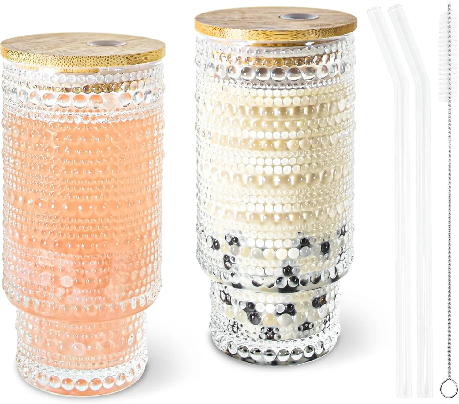 Outstanding 2 Pcs 11 oz Drinking Glasses Cups Set with Bamboo Lids Straws Brush Hobnail Small Drinking Glassware Set for Juice Iced Coffee Beer Cocktail Elegant