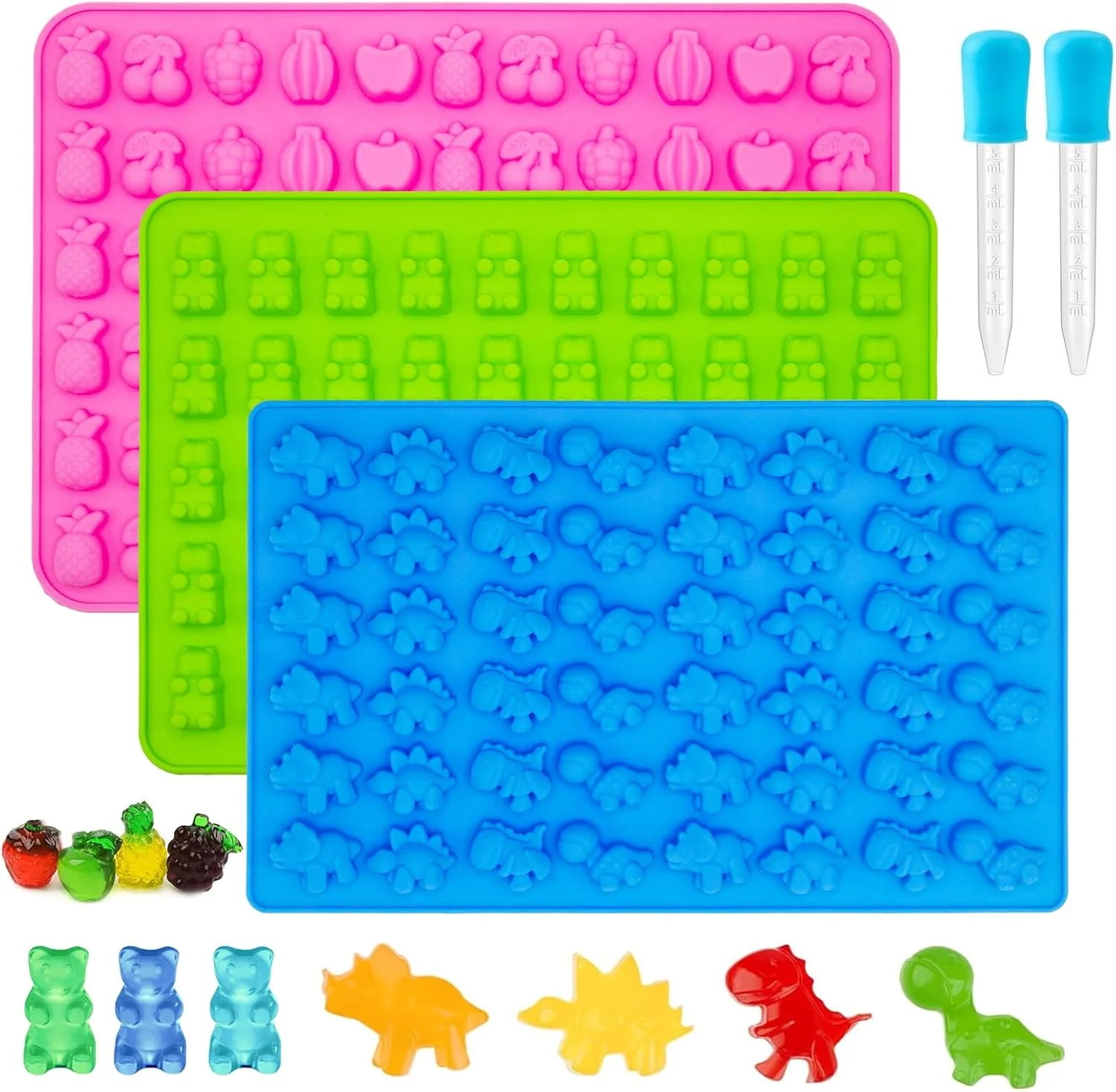 Proven Gummy Candy Molds – Silicone Gummy Bear Dinosaur Fruit Snack Molds for Kids With 2pcs Dropper High-End