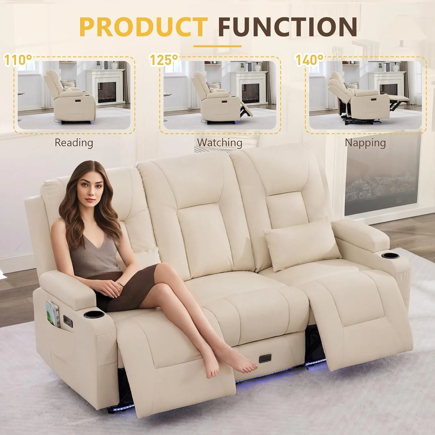 Secure Power Loveseat Recliner Sofa Beige Ambient Lighting Practical