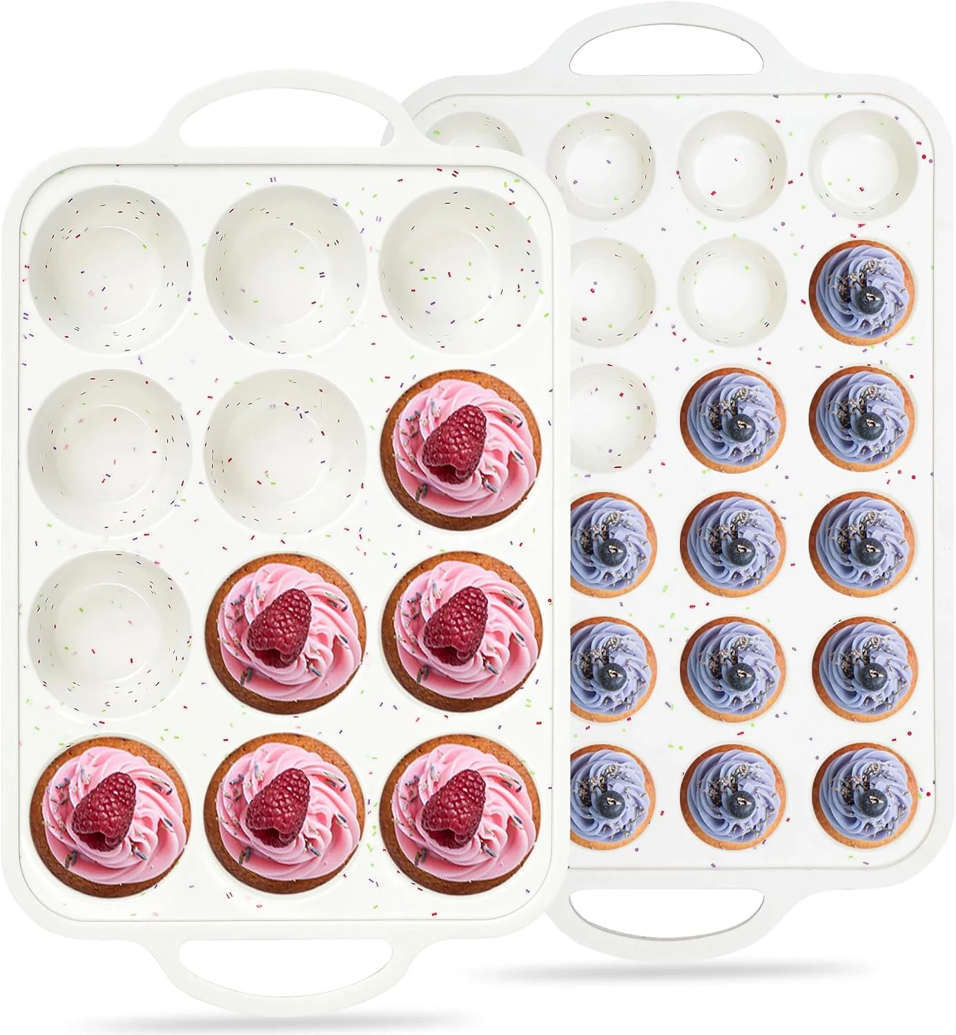High-Quality 2 Pcs Silicone Muffin Pans for Baking Cream Regular 12 Cup and Mini 24 Cup with Metal Reinforced Frame Silicone Cupcake Mold BPA Detailed