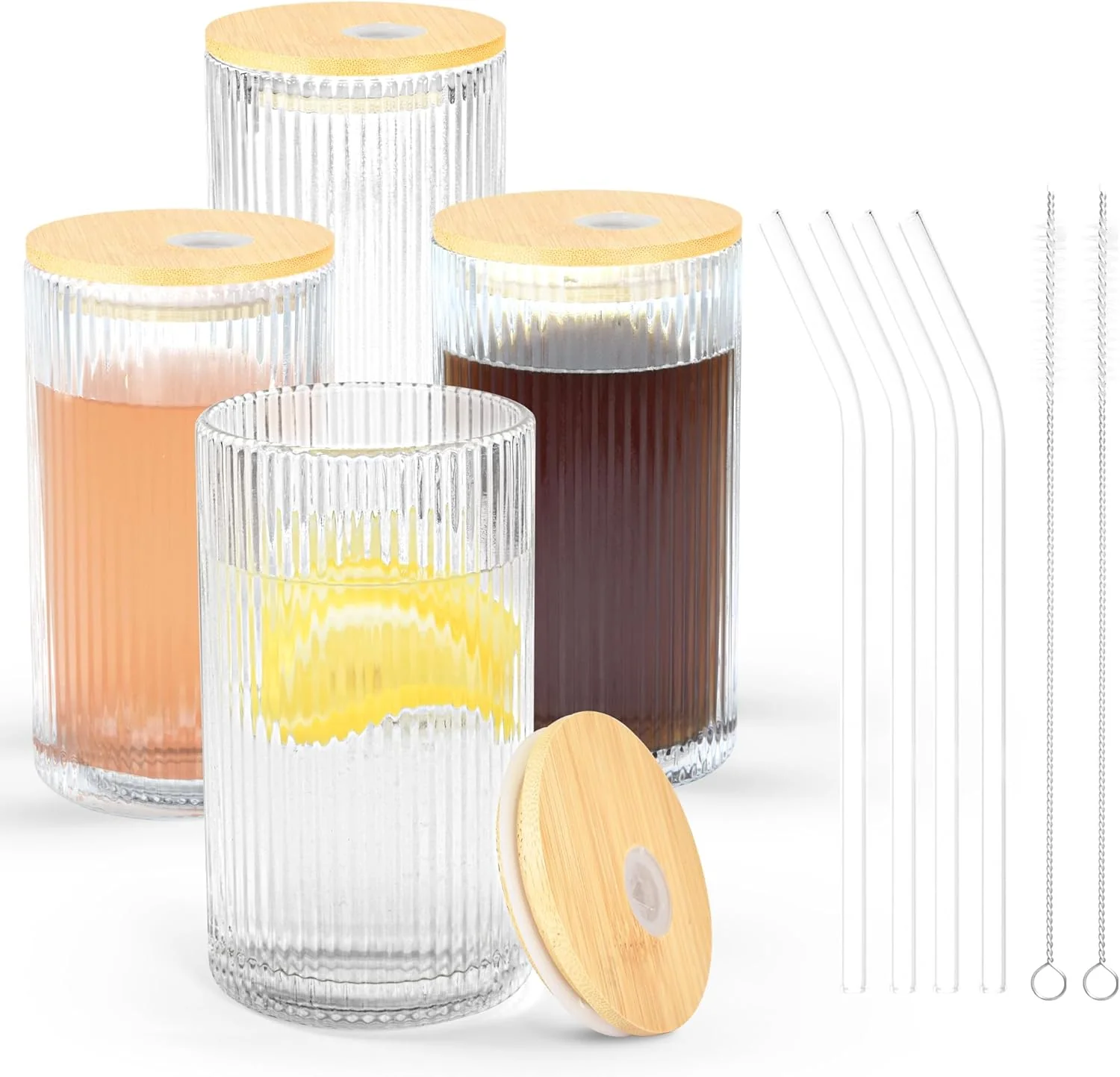 Powerful 14 oz Drinking Glasses Set of 4 with Bamboo Lids Straws Striped Ribbed Glassware Set Vintage Glass Cups Embossed Iced Coffee Cup for Beer Cocktail Pure