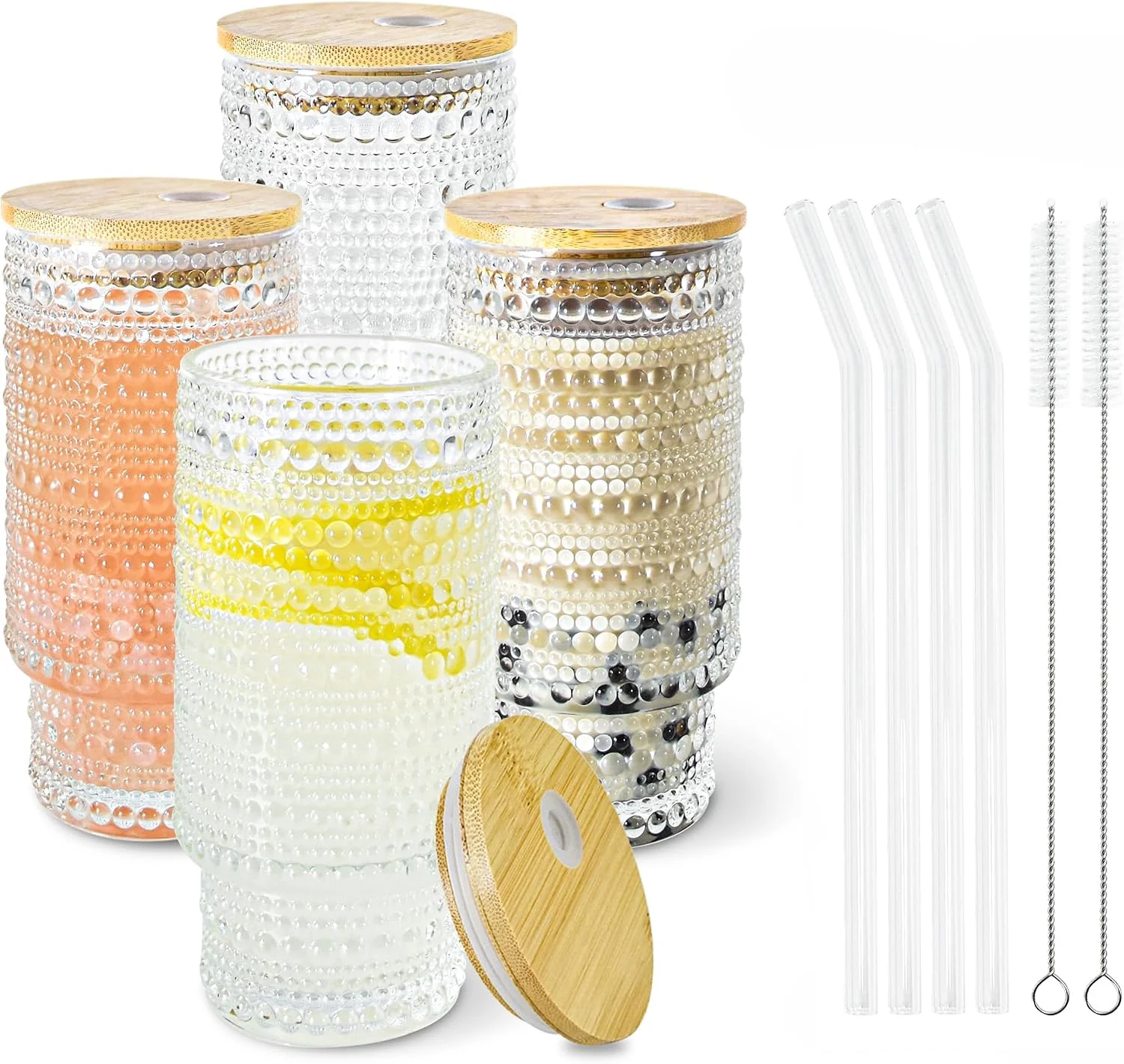 Trendy Glass Cups with Lids and Straws 16 oz Hobnail Drinking Glasses Vintage Iced Coffee Cup with Bamboo Lid Cute Stackable Glassware for Cocktail Juice Matcha Smoothie Home Kitchen Top-Quality
