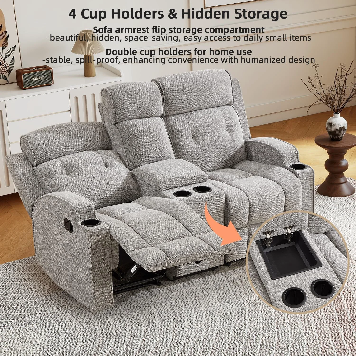 Refined 67 Inch Manual Loveseat Recliner Sofa With Cupholders User-Friendly
