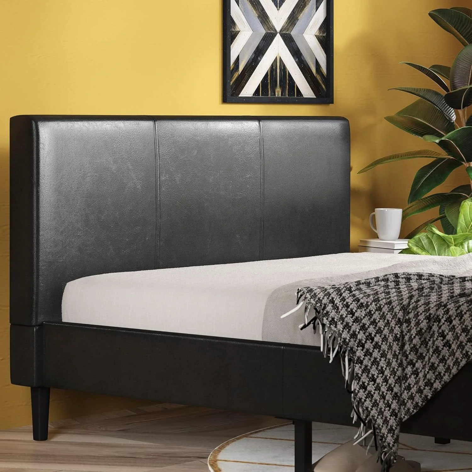 Premium Material Queen Faux Leather Platform Bed Frame With Wood Slats Detailed