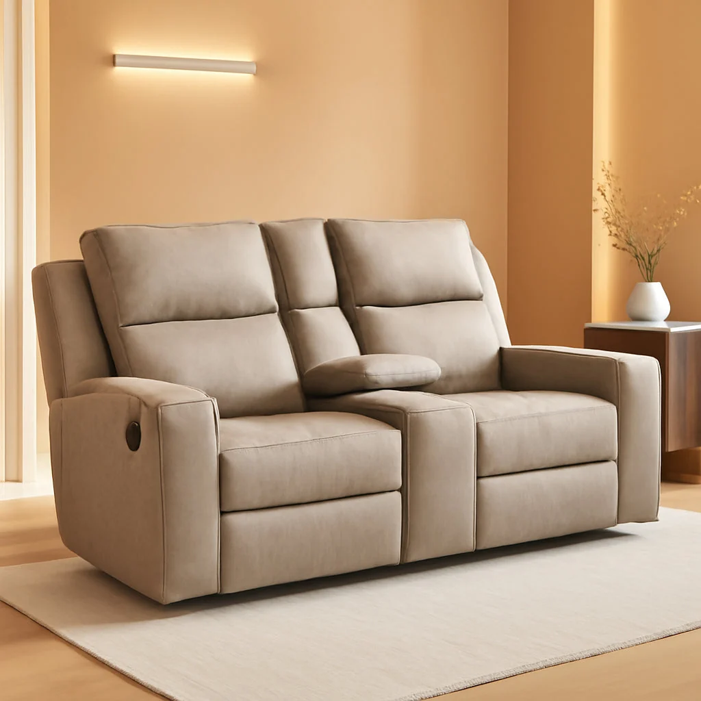 First-Class Manual Reclining Faux Leather Loveseat Beige Cupholders Smart