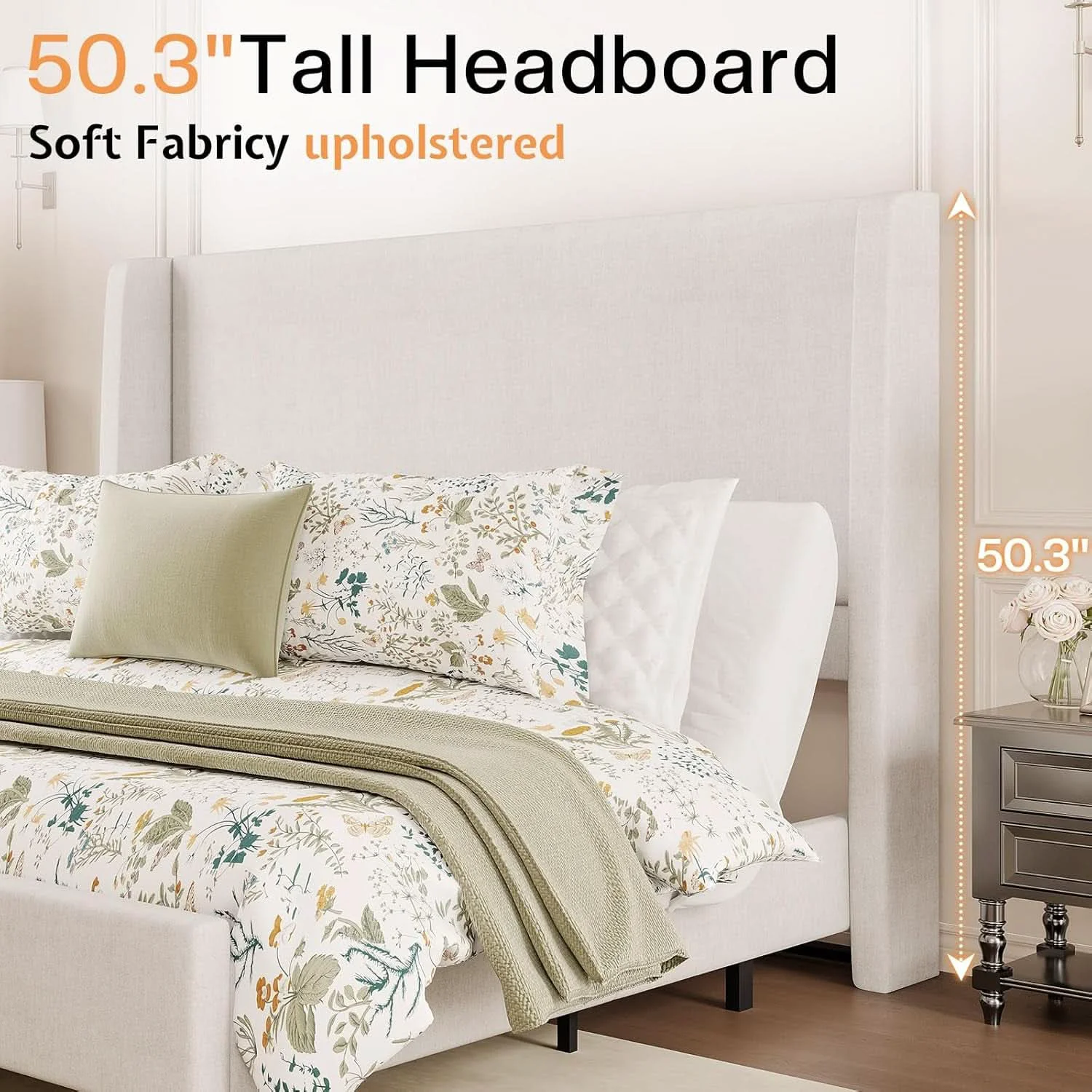 Lightweight Full Size White Wing back Upholstered Head board Bed Smart