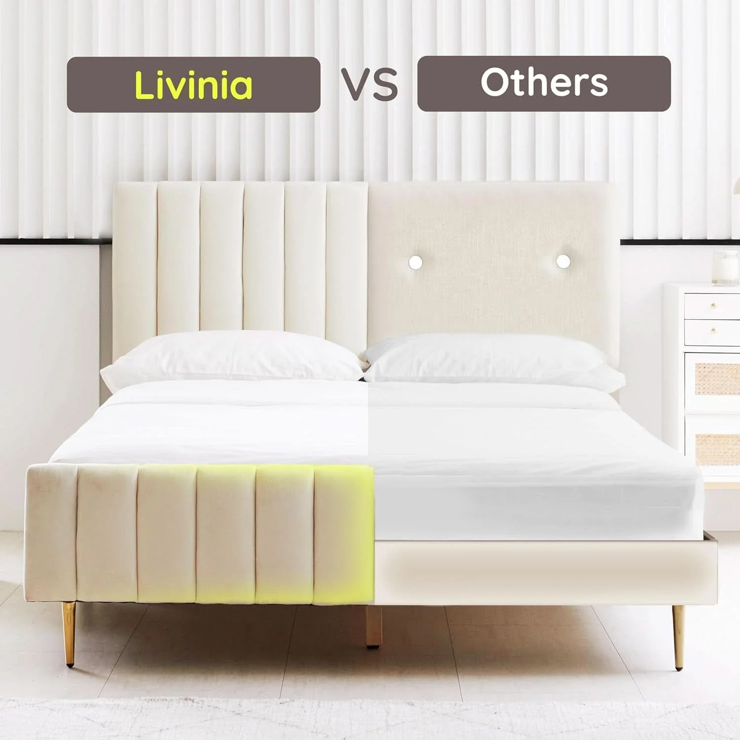 Innovative Queen Size Velvet Platform Bed With Ivory Upholstered Head board Clean