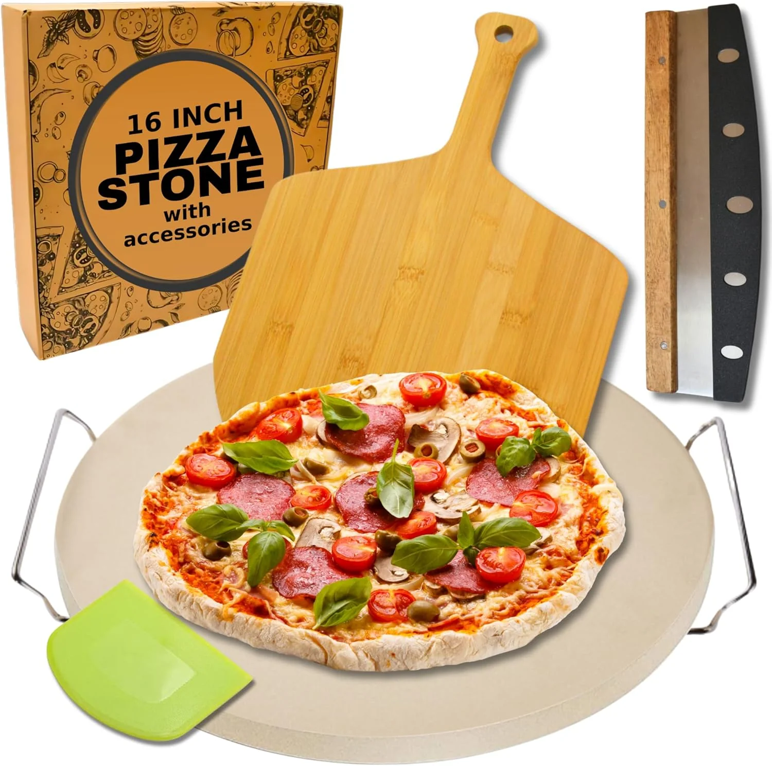 Authentic Large Pizza Stone for Oven 16 inch – Round Pizza Stone for Grill with Handles Wood Pizza Peel and Cutter Set – Baking Stone for Bread High-Quality
