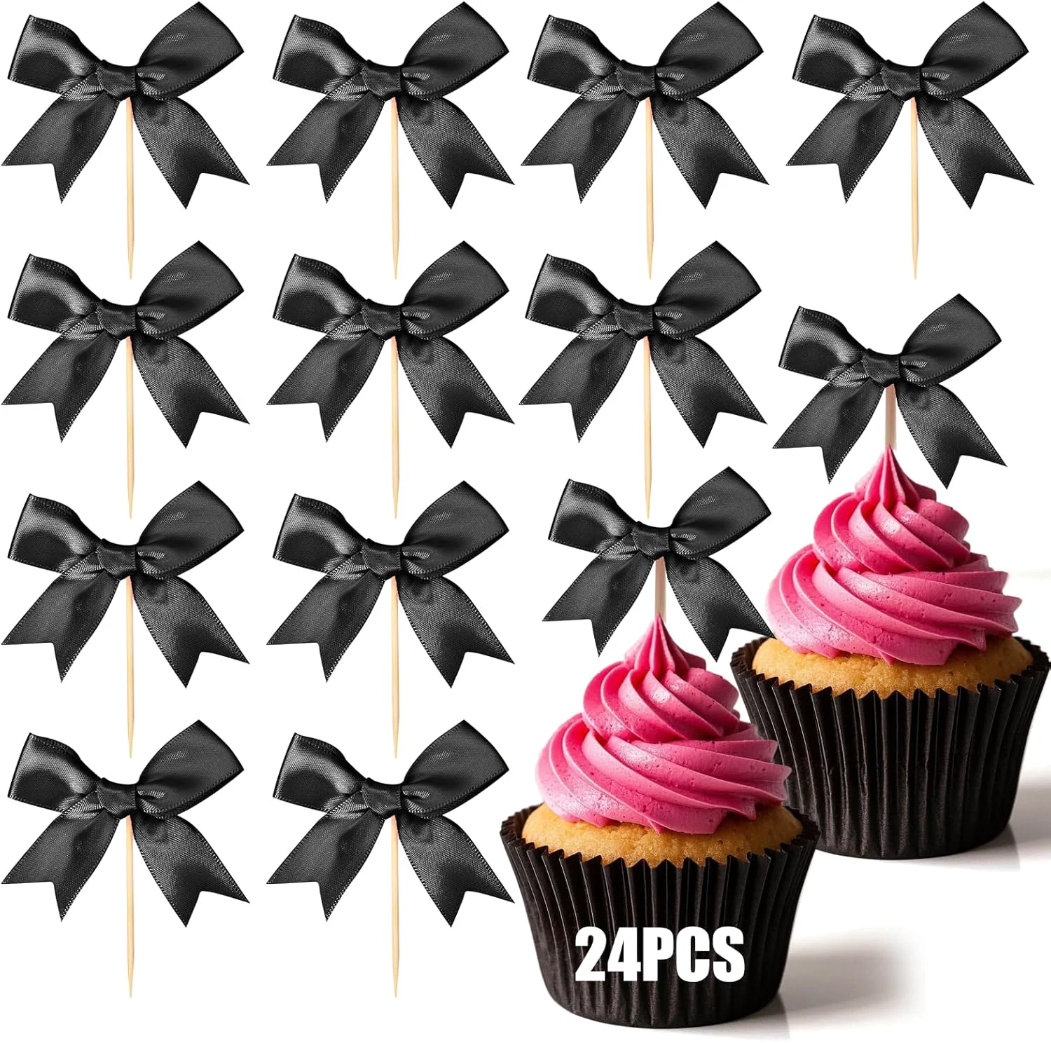 Secure 24Pcs Bow Cupcake Toppers – Black Bow Cake Topper Birthday Decorations Bowknot Cupcake Picks for Coquette Bow Theme Party Decoration Bachelorette Versatile