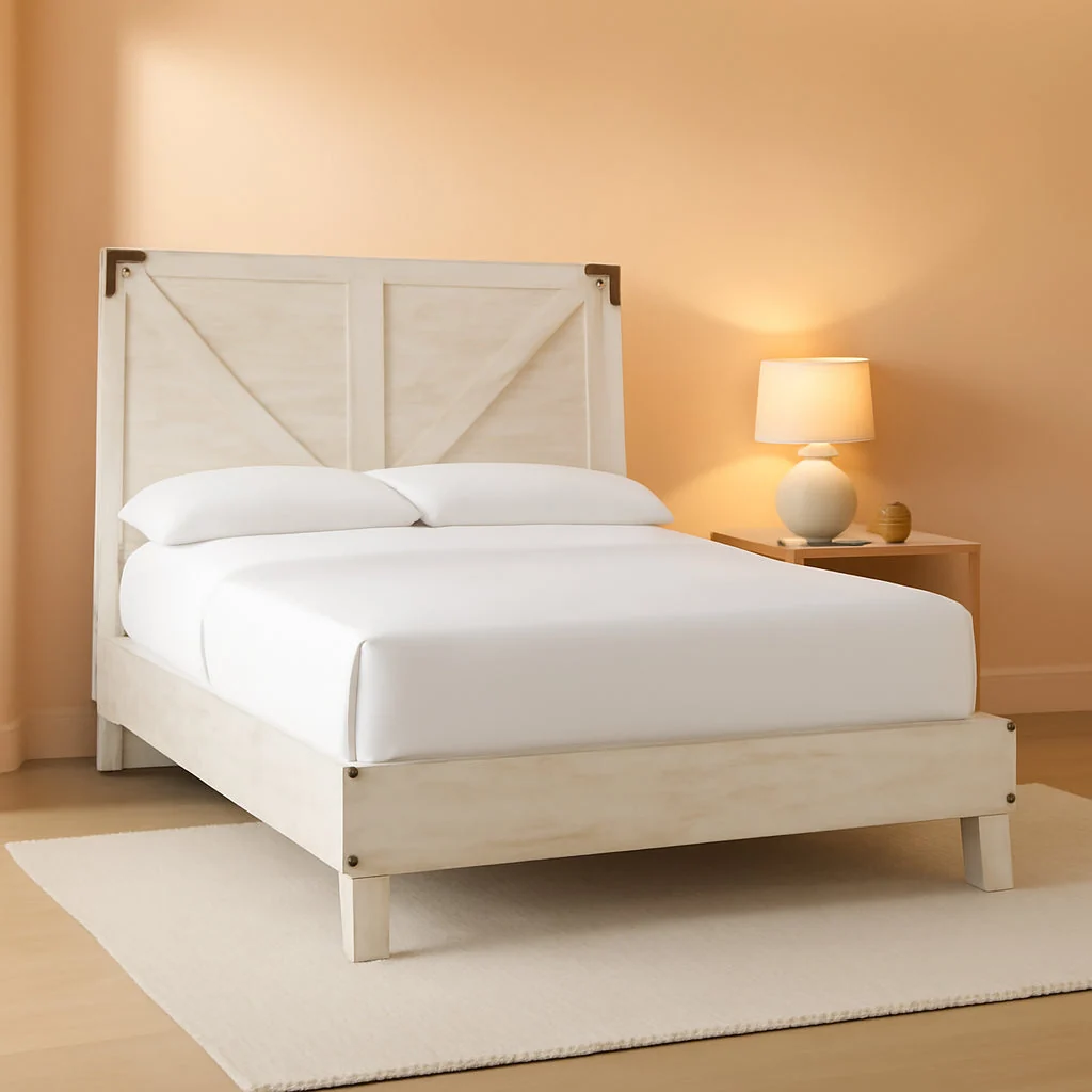 Classic Queen Cross buck Platform Bed White wash Durable Frame Lightweight