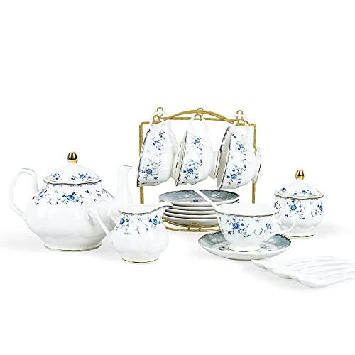 Functional 15 Piece British Blue Rose Porcelain Tea Set Sophisticated
