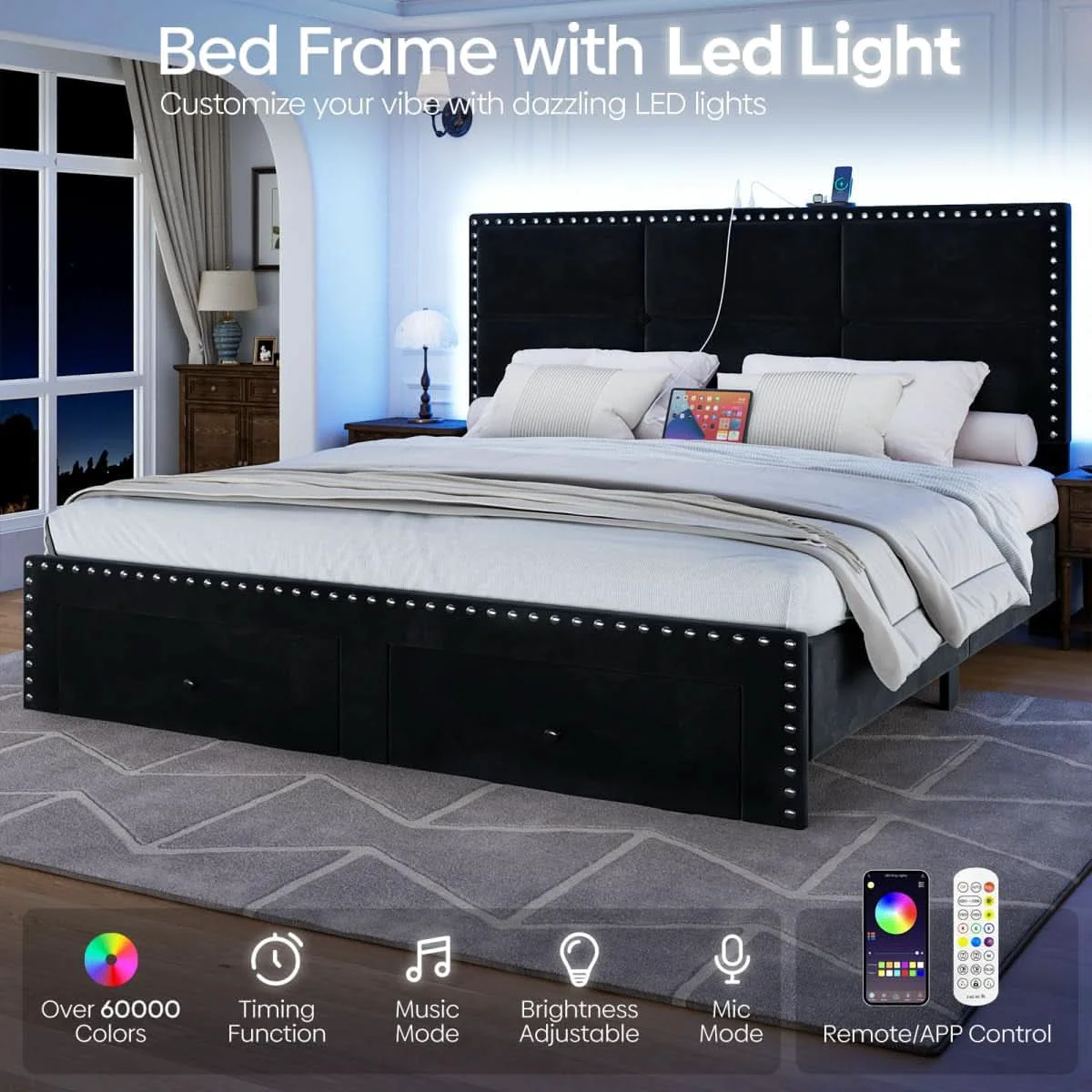 Healthy Queen Platform Bed Frame With Integrated Drawers USB Charge High-Performance