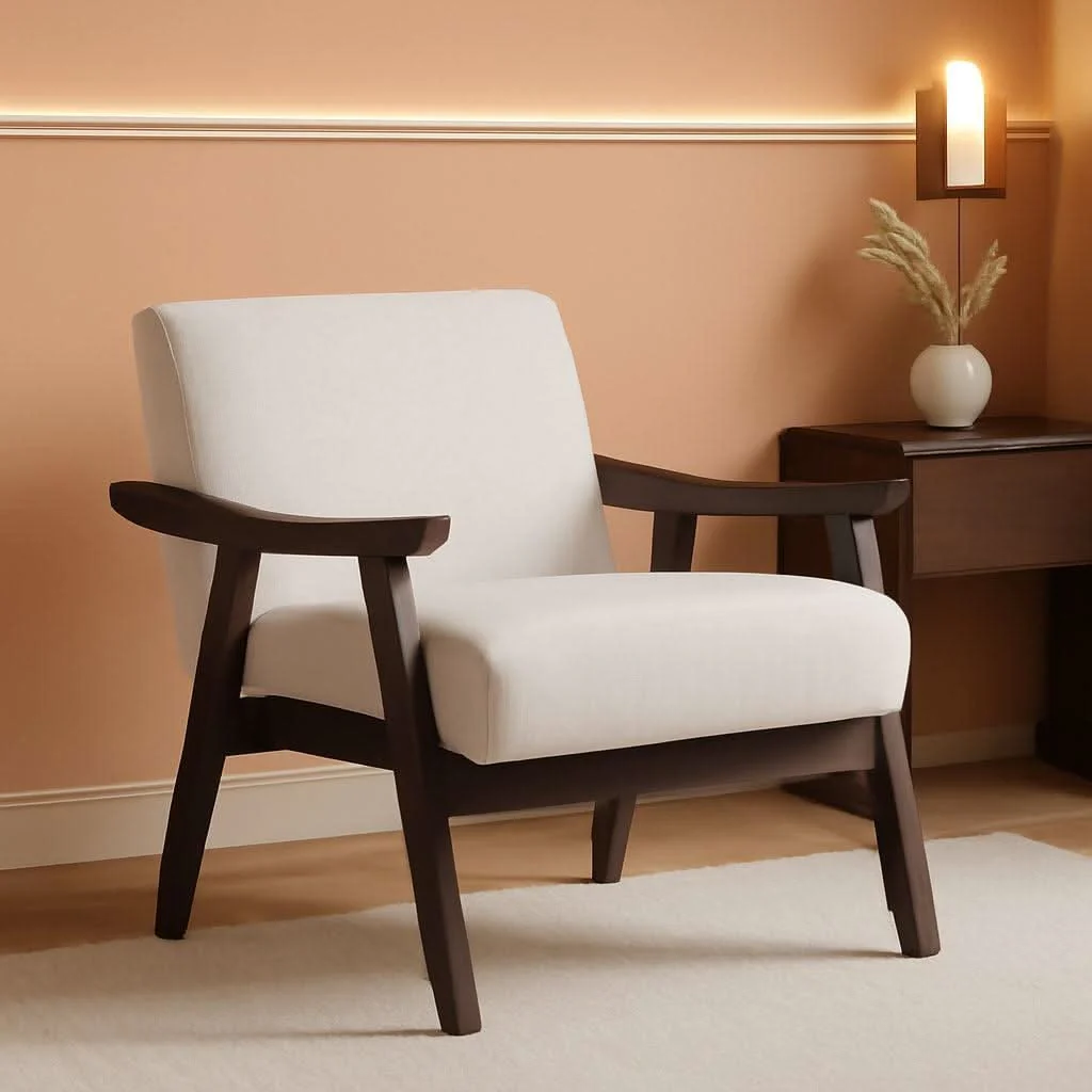 Organic Beige Upholstered Modern Midcentury Solid Wood Armchair With Cushions Premium Material