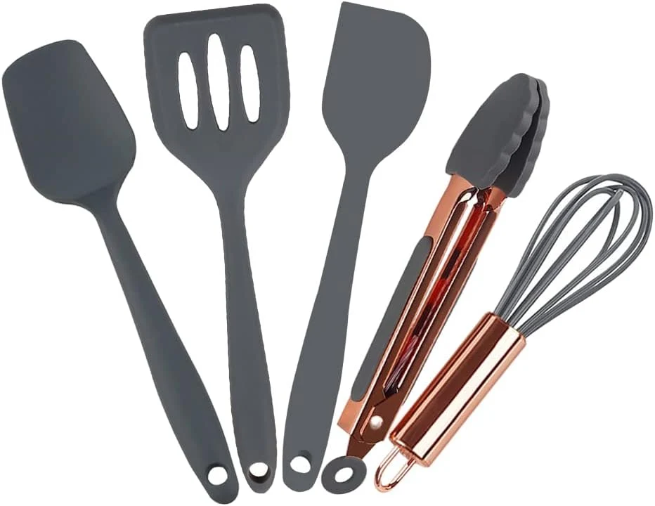Luxury Rose Gold And Grey Mini Kitchen Utensil Small Five-Piece Set Tiny Silicone Kids Kitchen Tools Whisk Spatula Tongs Spoon And Slotted Spatula For Genuine