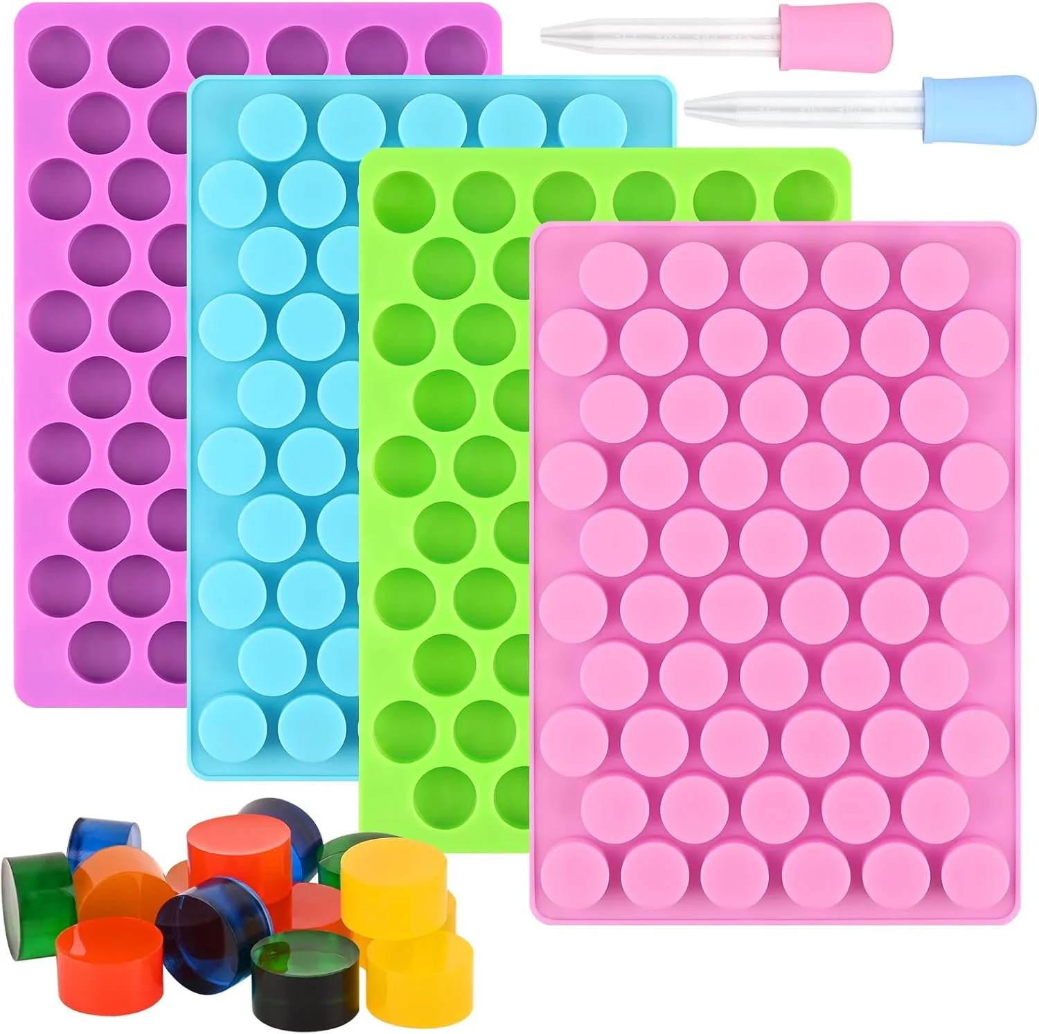 Enhanced Sakolla Round Candy Molds Silicone 220 Cavities Mini Cylinder Molds for Chocolate Hard Candy Gummy Ganache Ice Cubes Set of 4 with 2 Droppers High-End