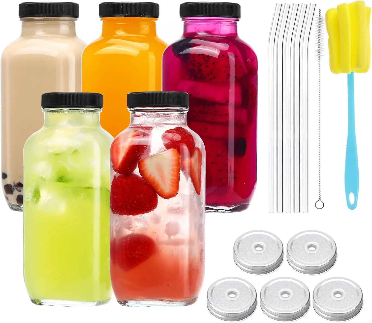 Next-Generation Cucumi 5pcs 16oz Glass Juice Bottles with Lids Reusable Juice Containers Drinking Jars Water Cups with Brush Glass Straws Lids with Hole Reliable