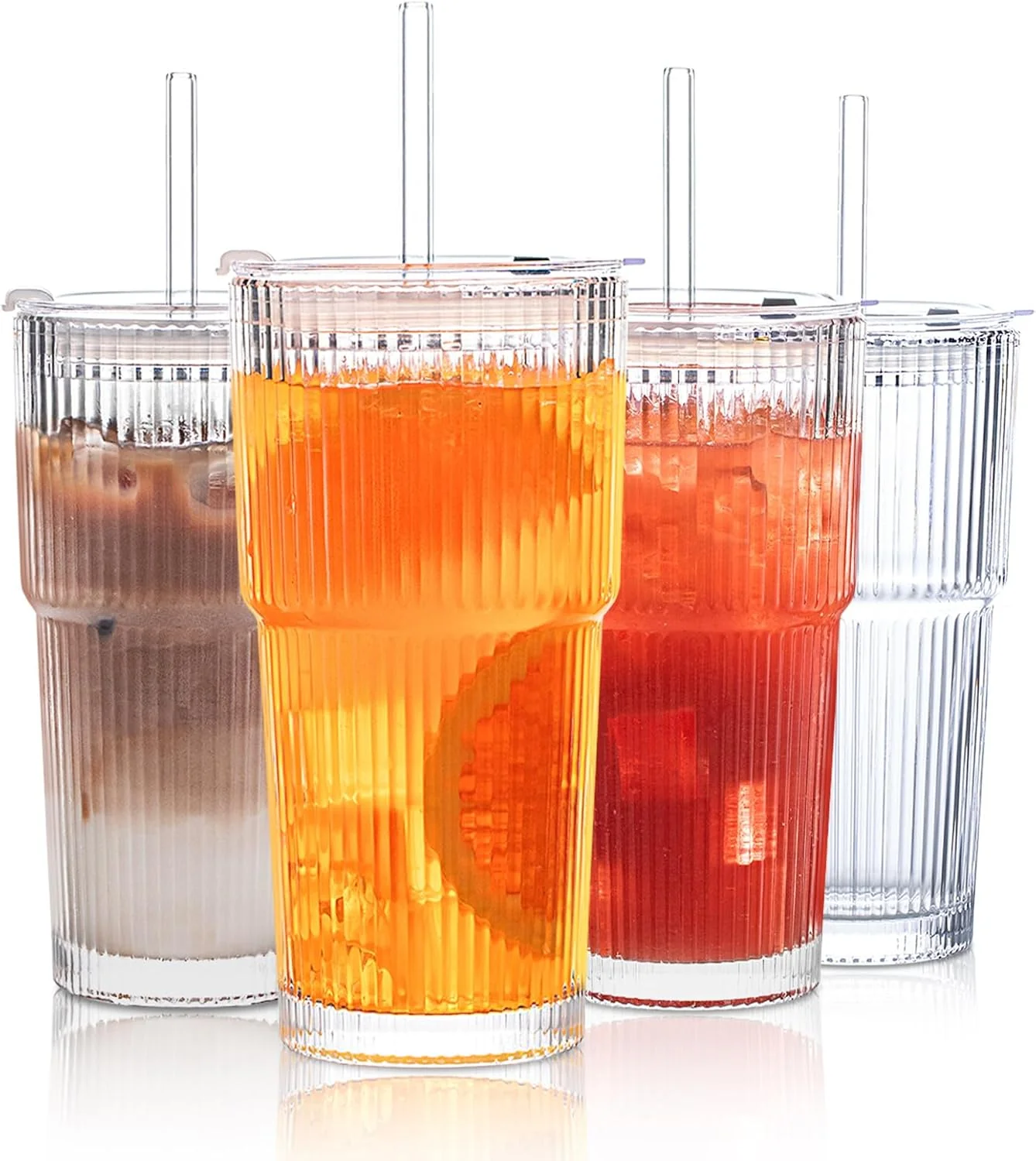 Innovative Insetlan 20 oz Ribbed Glass Tumblers with Lids and Glass Straws – 4-Piece Glassware Set Thickened Glass I for Iced Coffee Smoothies Cocktails Trusted