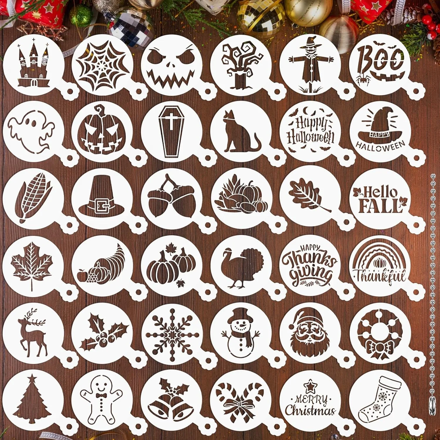 Certified Julbear 36 Pieces Reusable Cookie Cake Stencils Templates Mold Tools for Christmas Halloween Thanksgiving Cookies Baking Painting Dessert Coffee DIY Secure