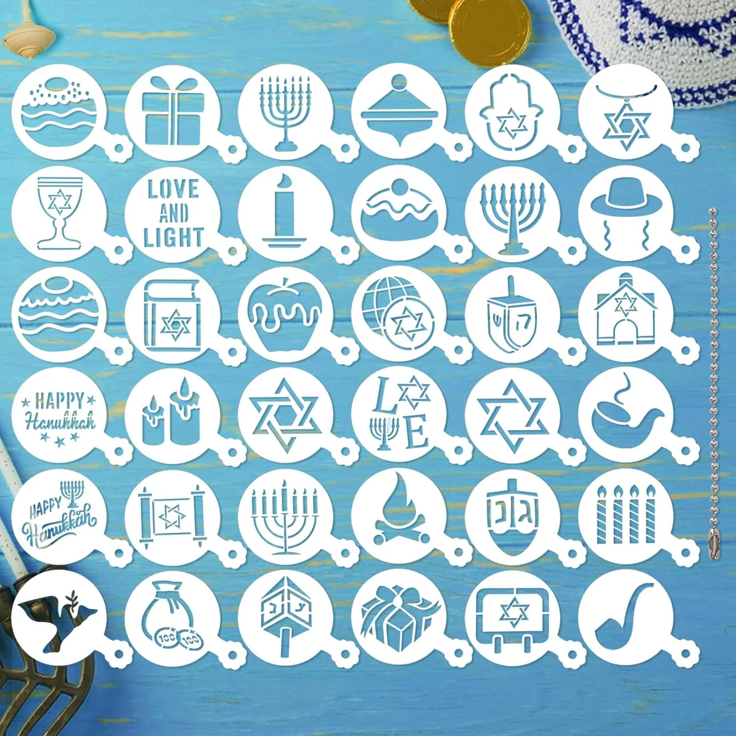 Durable Julbear 36 Pcs Reusable Hanukkah Cake Cookie Stencils Dreidel Menorah for Cookies Coffee DIY Hanukkah Holiday Baking Painting Dessert Craft Decoration Refined