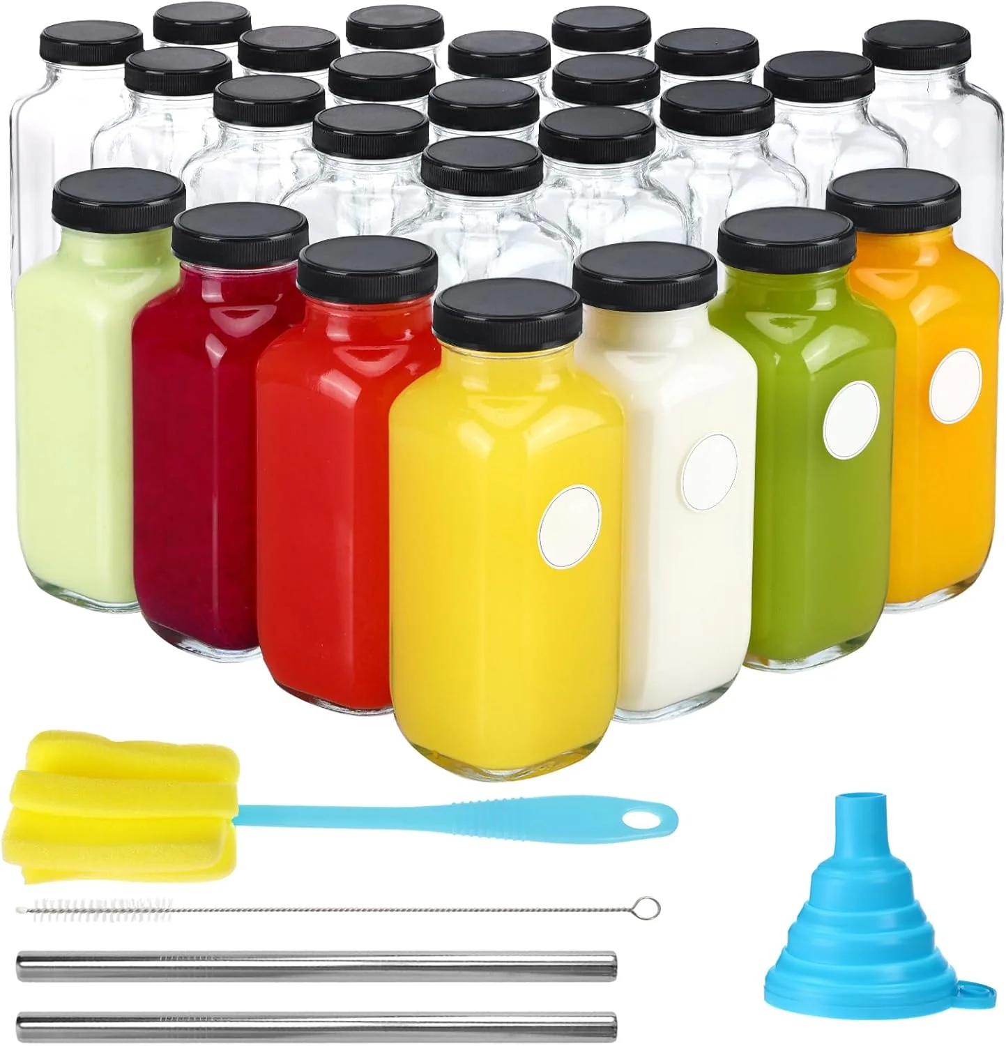 Outstanding Cucumi 24pcs 16oz Glass Juice Bottles with Lids Reusable Vintage Glass Drinking Bottles with Blank Labels Brush Straws Funnel for Storing Tea Specialty