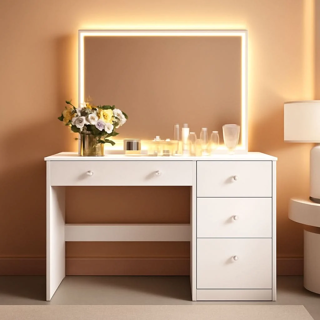 Excellent White Makeup Vanity Desk With Precise Tempered Glass Top Powerful