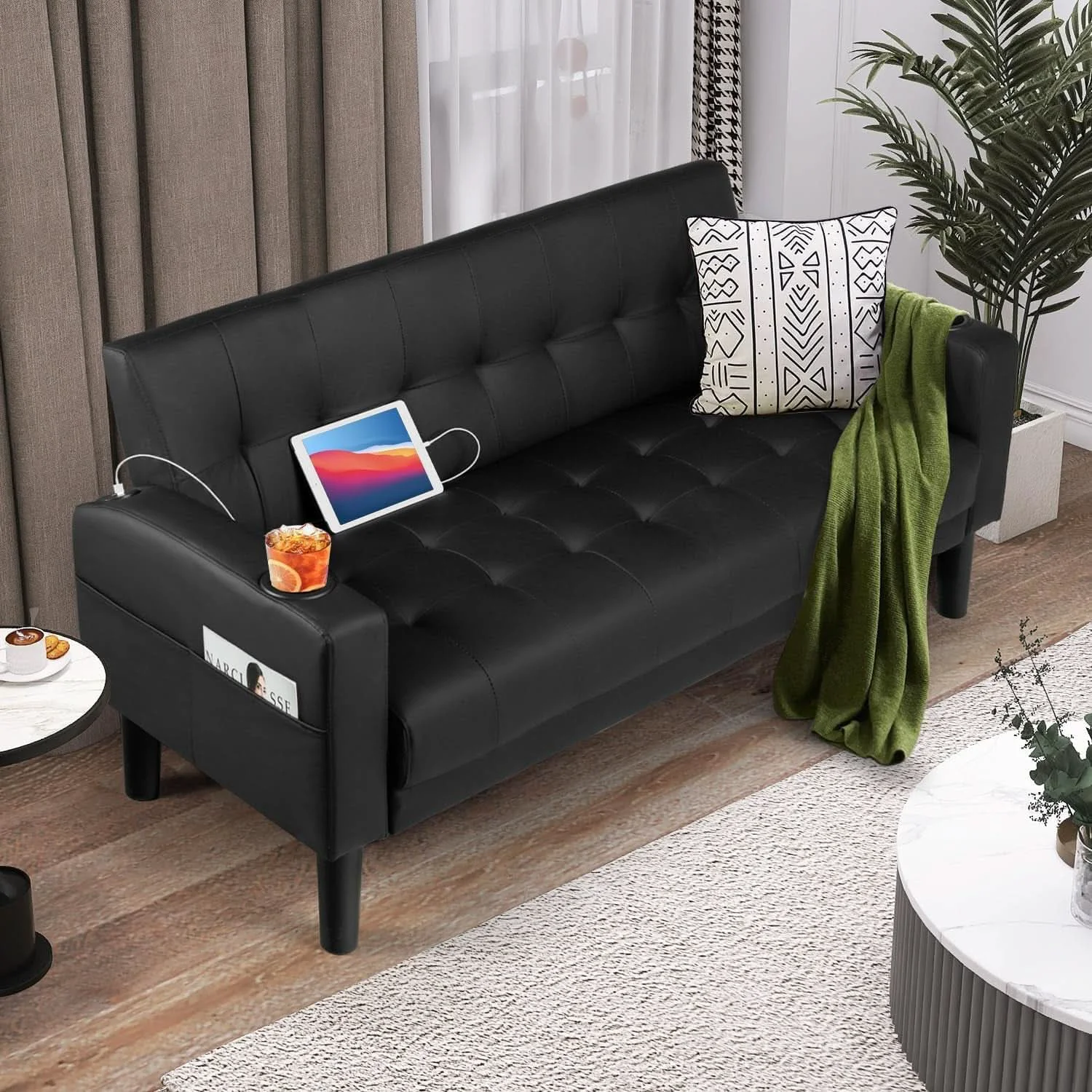 Solid Mid-Century Modern Loveseat with USB Ports and Cup Holders Official
