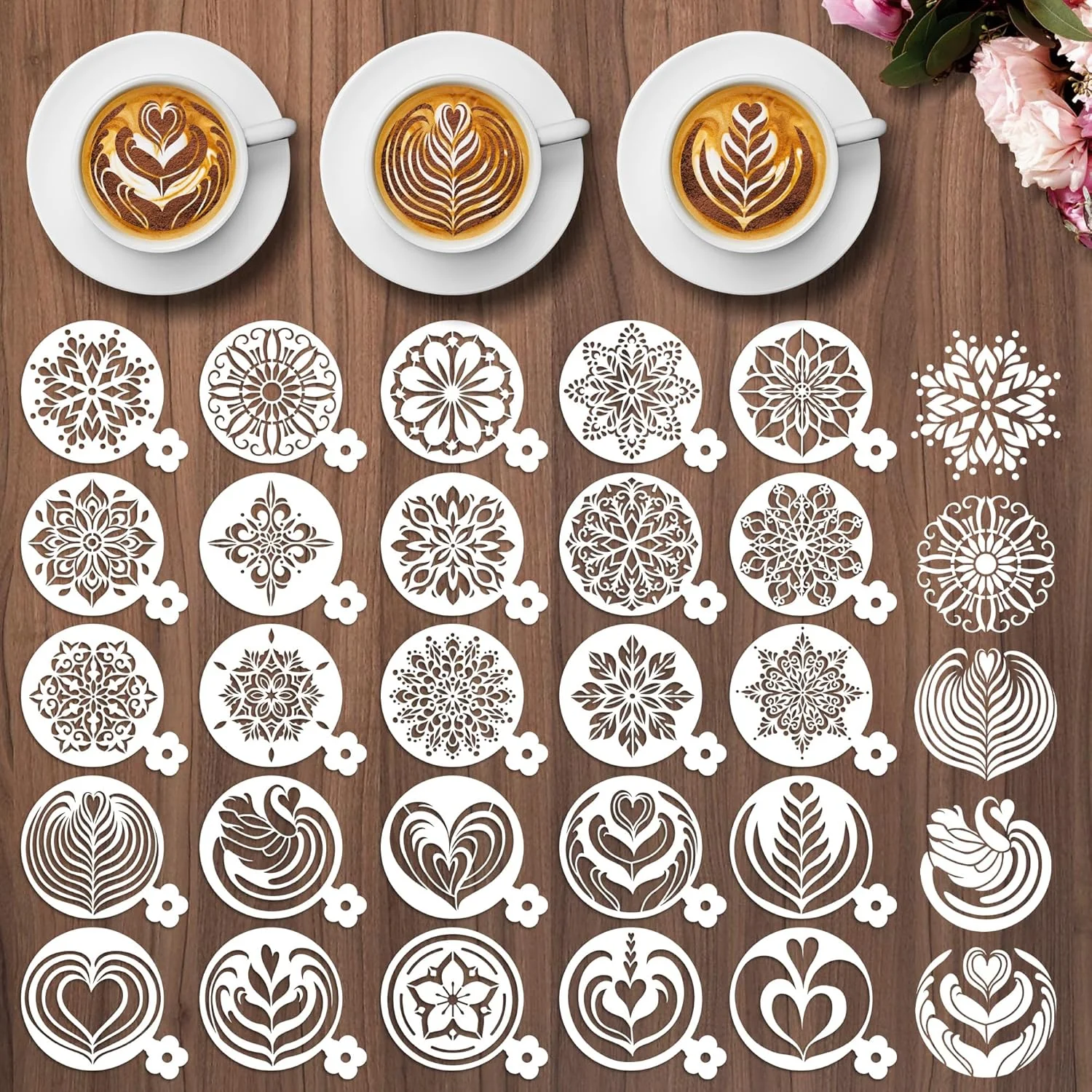 High-Grade Mandala Cookie Coffee Stencils – 25 Pcs Mandala Latte Art Cookie Stencils for Coffee Cake Bread Decor Breathable