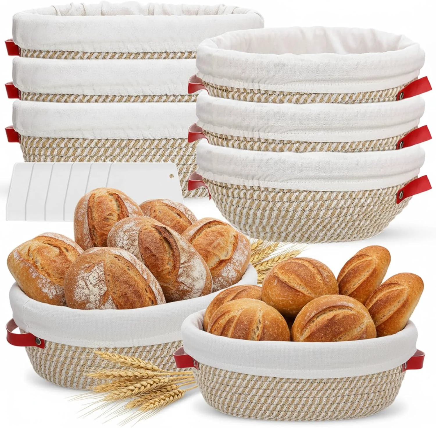 Versatile Gejoy 6 Set Cotton Rope Banneton Bread Proofing Basket with Cloth Liner and Plastic Scraper Banneton Dough Sourdough Proofing Bowls Kit for Home Sourdough Bakers Round Oval 9” 10” Original Design