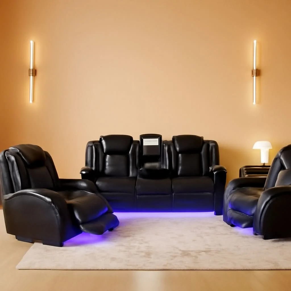 Outstanding Leather Power Recliner Sofa Set With LED USB Ports Black Expertly Made