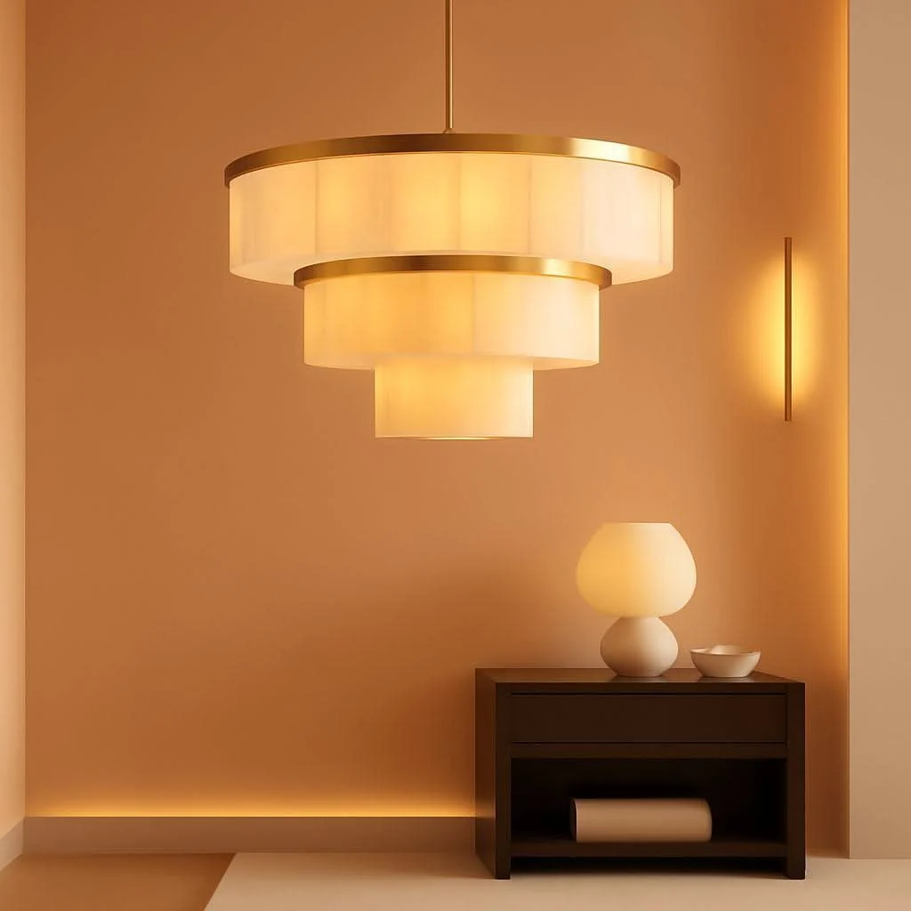 Minimalist Alabaster 3 Tier Chandelier 34 Inch Gold Finish Fixture Long-Lasting
