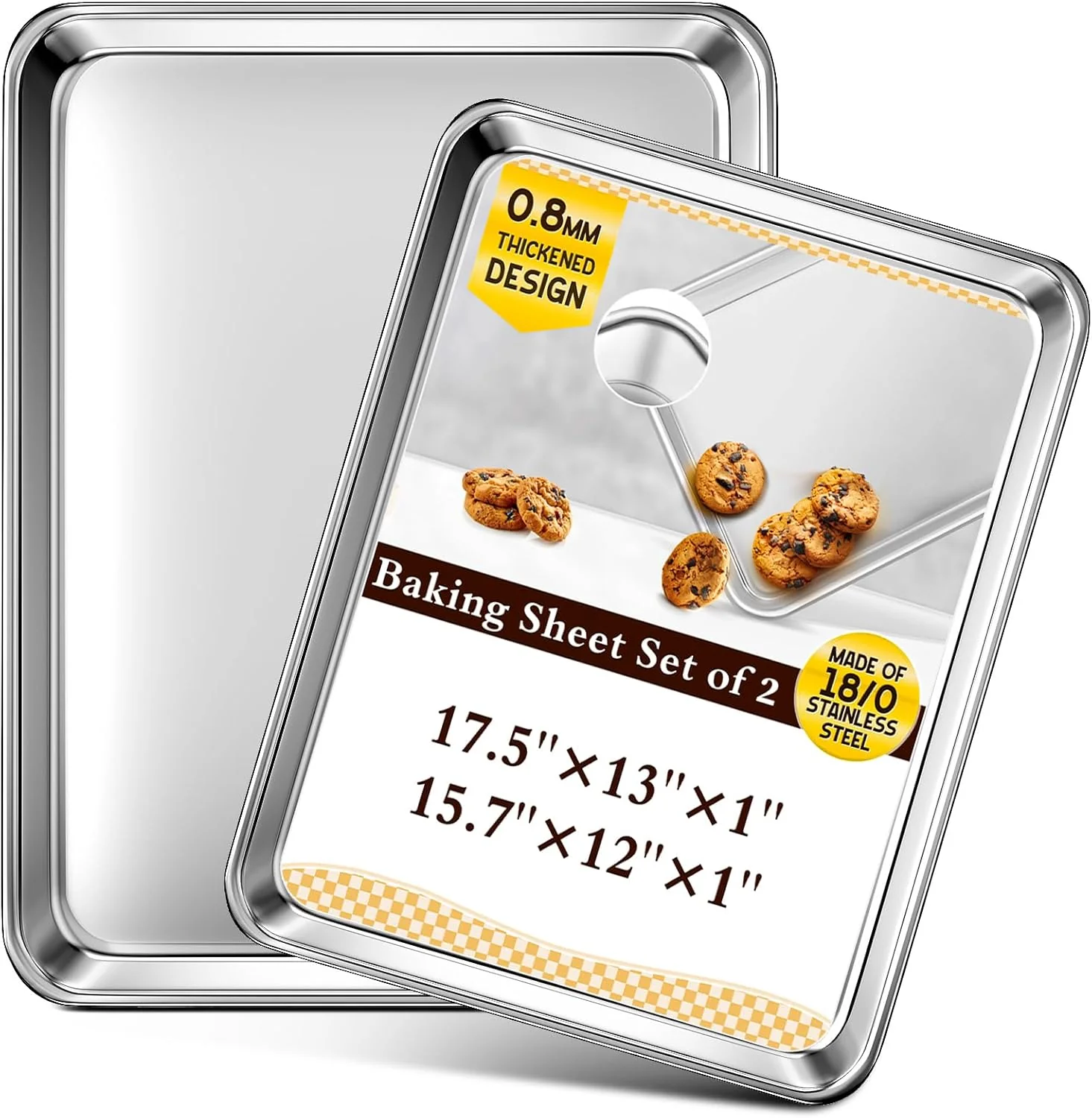 Innovative Baking Sheet Set of 2 Commercial Grade Stainless Steel Cookie Sheets for Baking 17.5”x13” 15.7”x12” Thicker and Firmer Baking Pans Set Professional