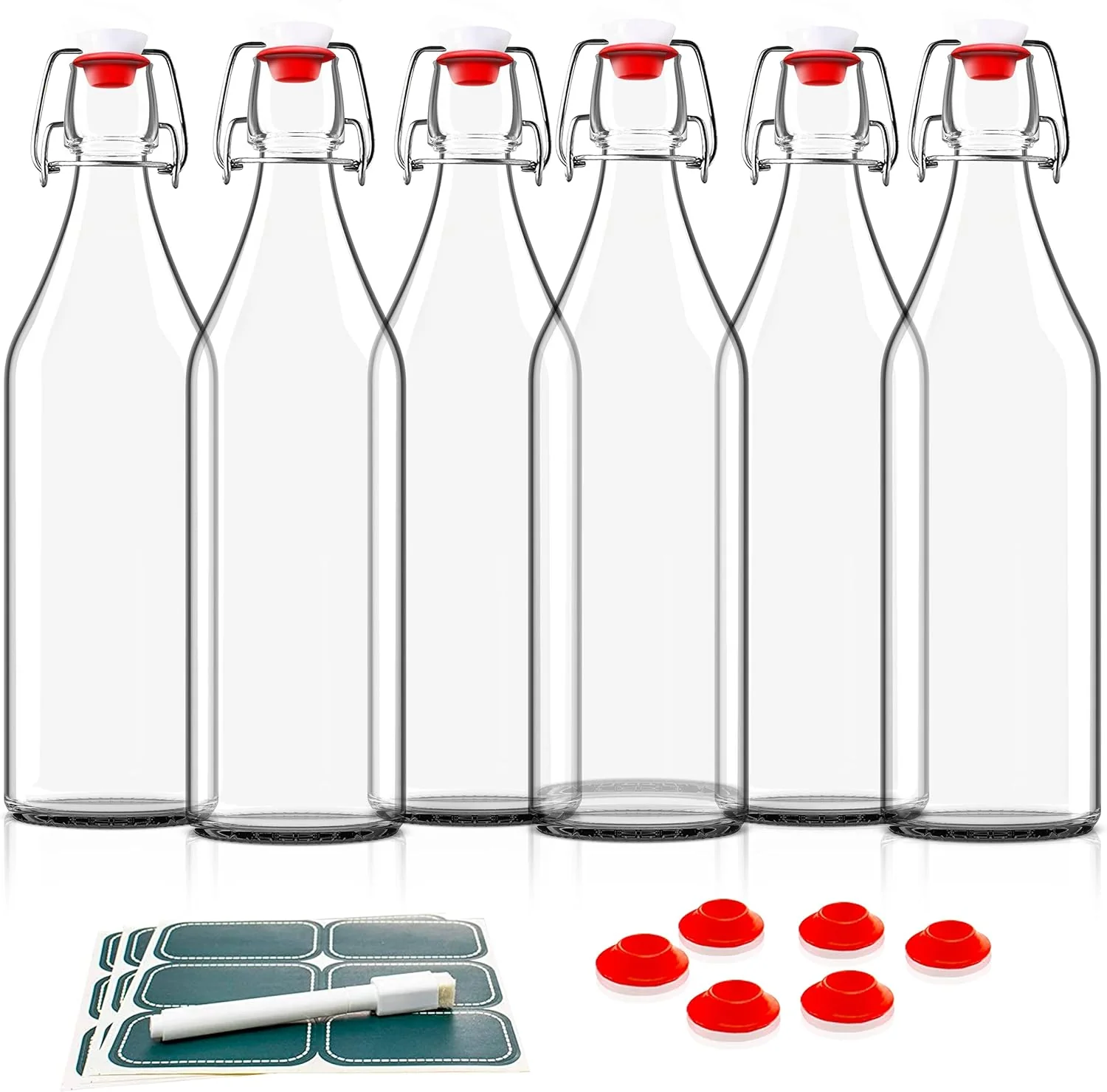 Otis Classic Swing Top Glass Bottles – Set of 6 16oz w Marker Labels – Clear Bottle with Caps for Juice Water Kombucha Wine Beer Brewing Sophisticated