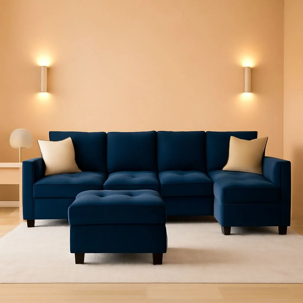 Detailed Velvet L Shaped Sofa Reversible Chaise Storage Ottoman Blue Fast