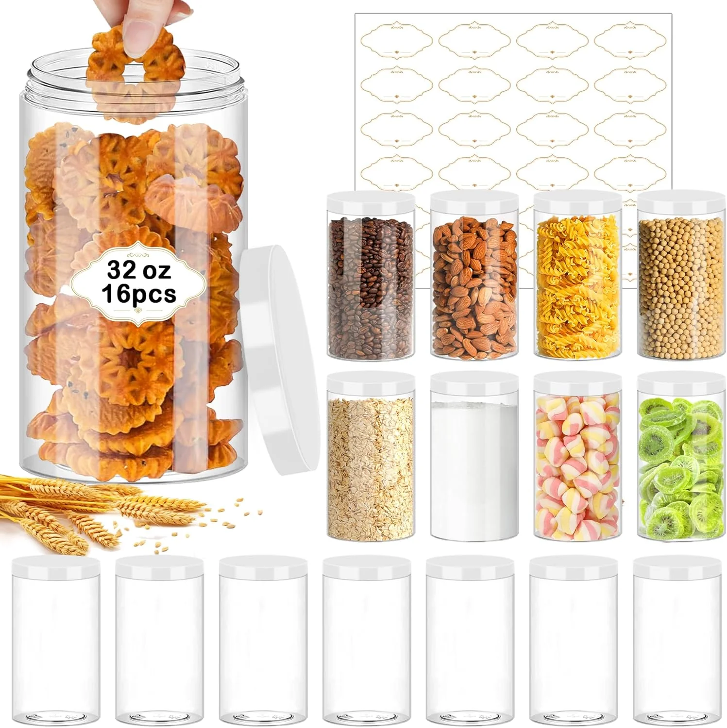 Clean 32 OZ Plastic Jars 16 Pcs Clear Plastic Jars with White Lids Round Empty Storage Jar Wide Mouth Refillable Storage Container with Lids for Household Expertly Made
