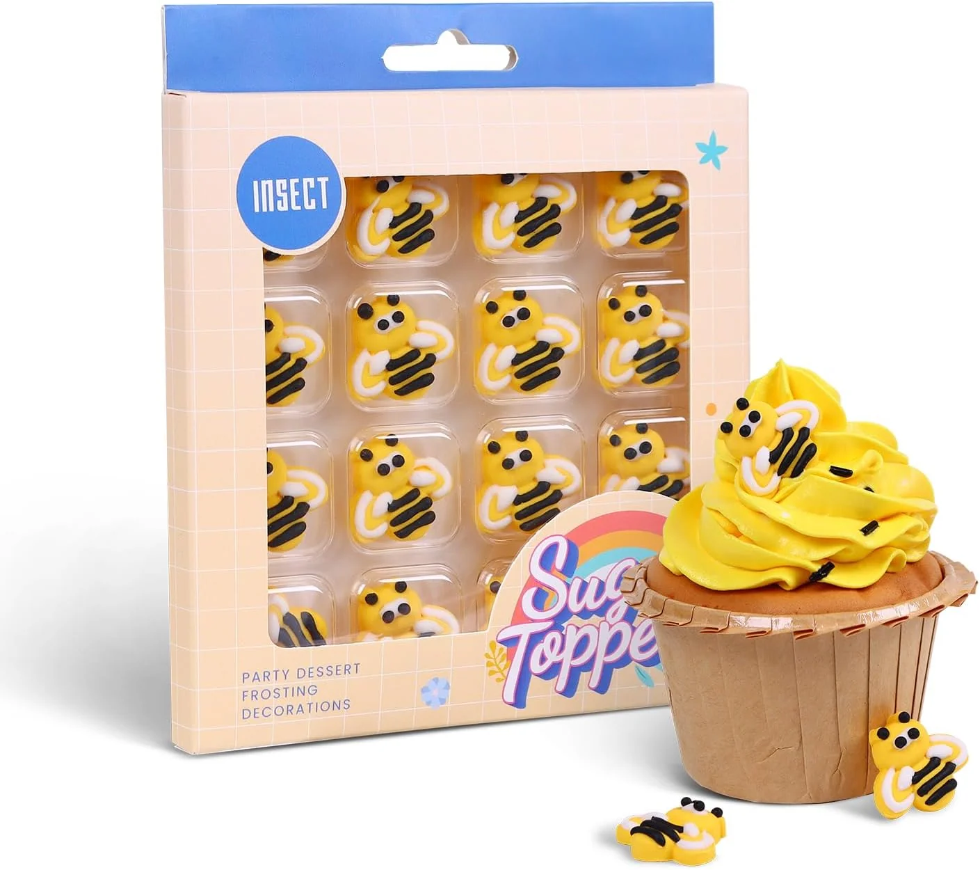 High-Performance Edible Bees Cake Decorations 16 pcs Bee Cake Decorations Edible Bee for Cupcakes Ice Cream Waffles Cookies Cake Macaron Reusable