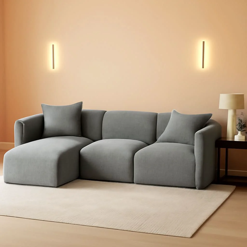 Stylish L Shaped Sectional Sofa Convertible In Linen Grey Modern Clean