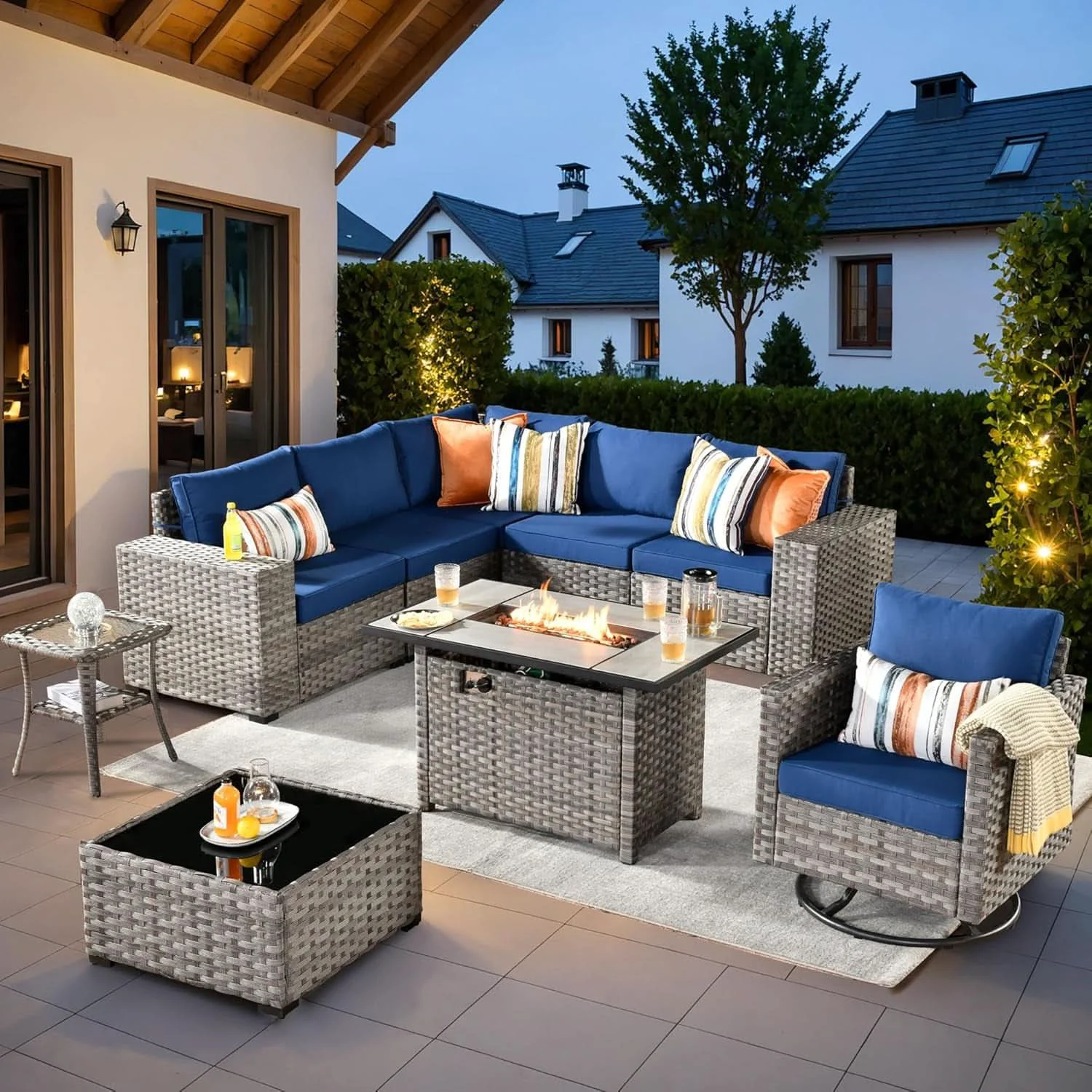 Enhanced Nine Piece Outdoor Wicker Sofa Set With Fire Pit Breathable