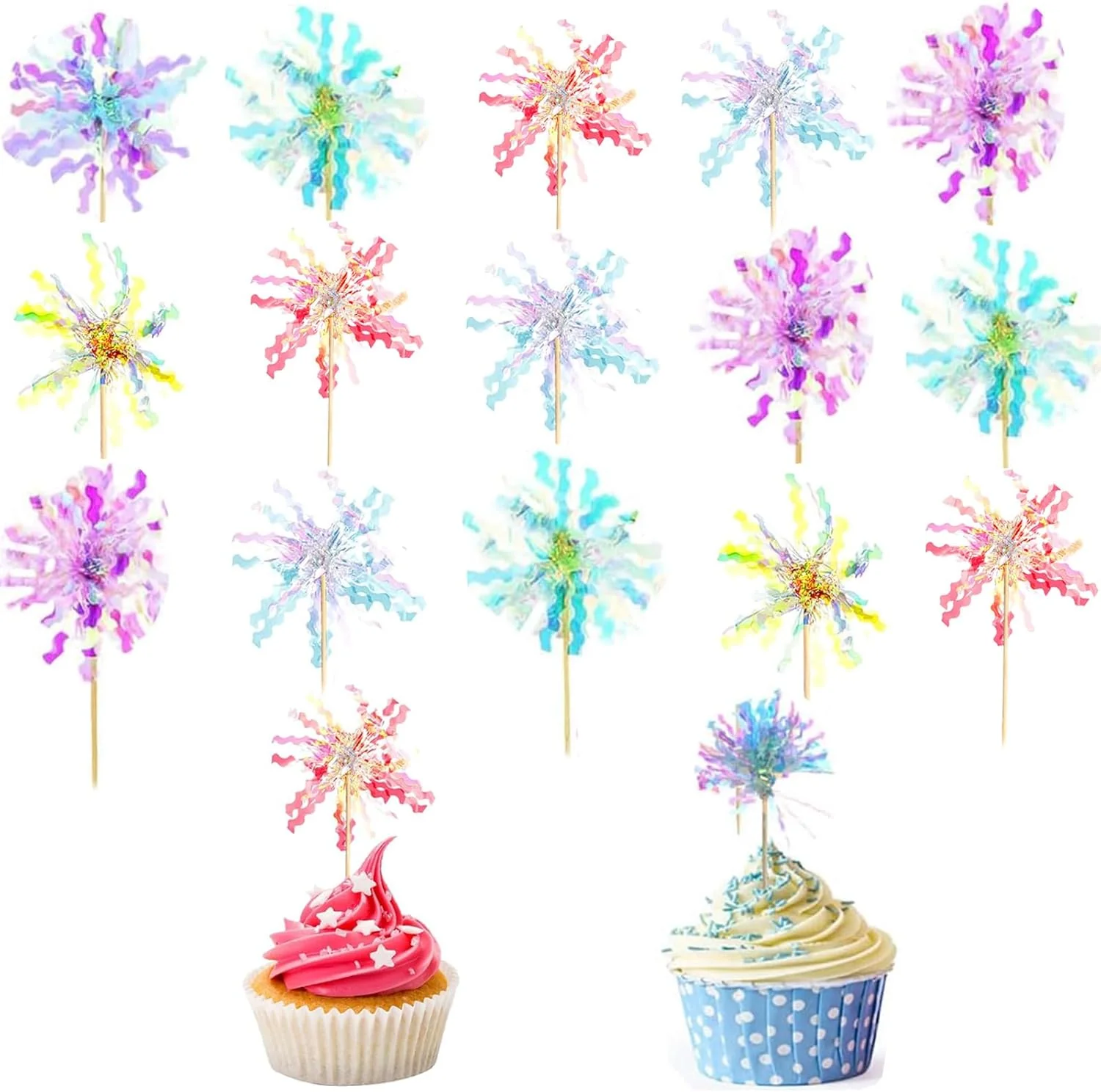 Relaxed 30 Pieces Happy Birthday Cake Toppers Foil Firework Cupcake Toppers Sparkle Tinsel Flower Drink Stirrers for Cake Decoration Party Supplies Efficient