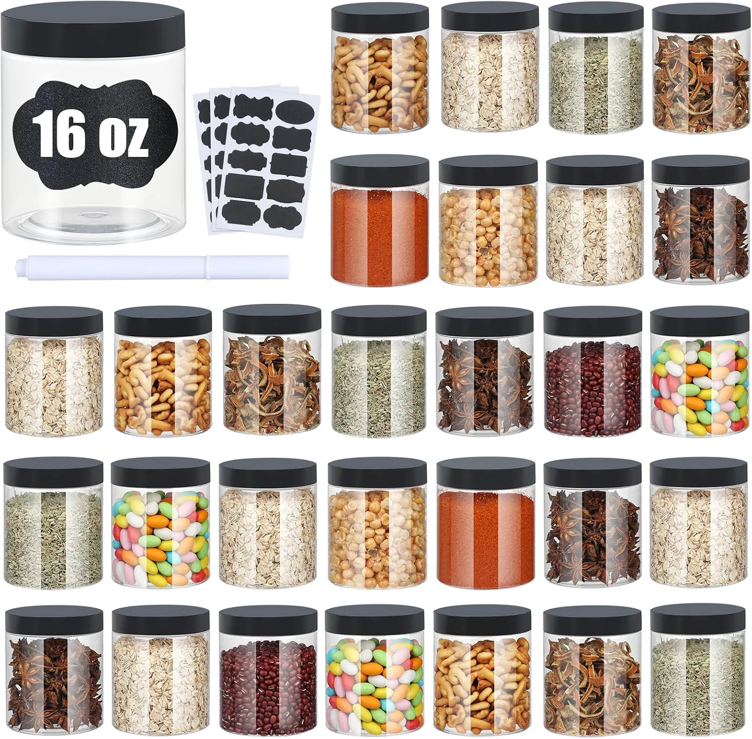 Clean Plastic Jars with Lids Airtight Container I For Dry Food Honey Jam Peanut Butter Cosmetics Cream Bathroom and Storage Included Extra Label and A Pen 30 PCS Black Lids Durable