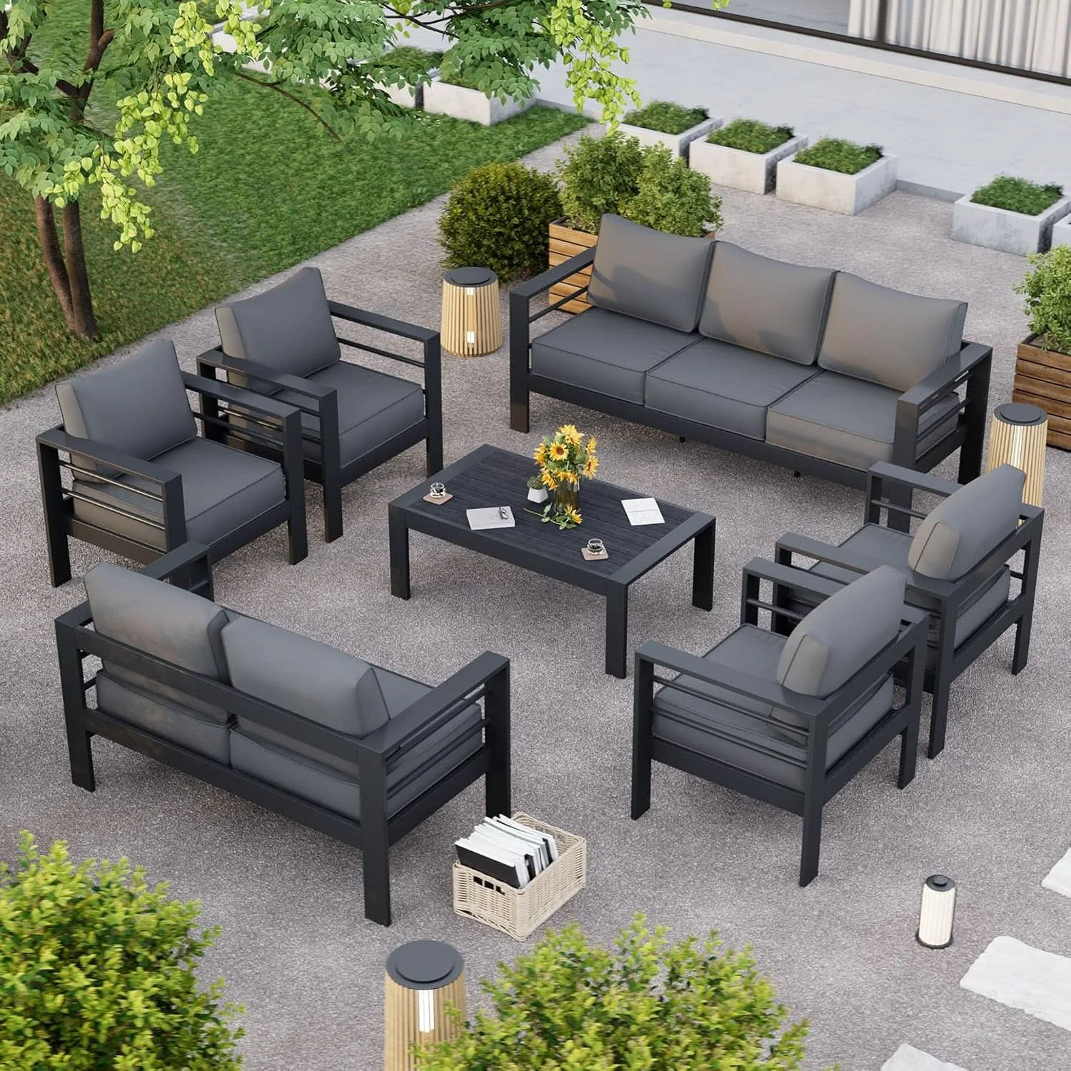 Powerful Aluminum Patio Set 7 Piece With Waterproof Covers Grey Healthy