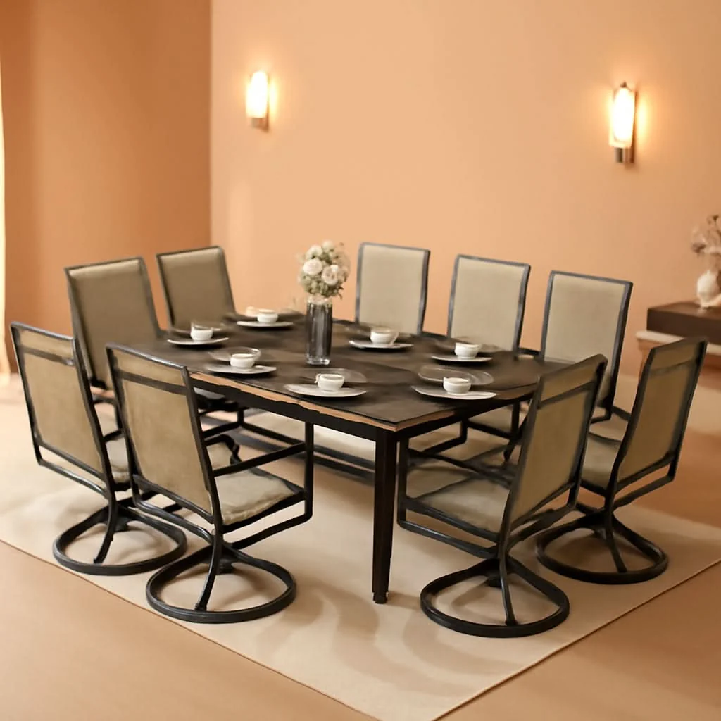 Innovative Patio Furniture Set Table For 8 Grayish Brown Swivel Chairs Fashionable