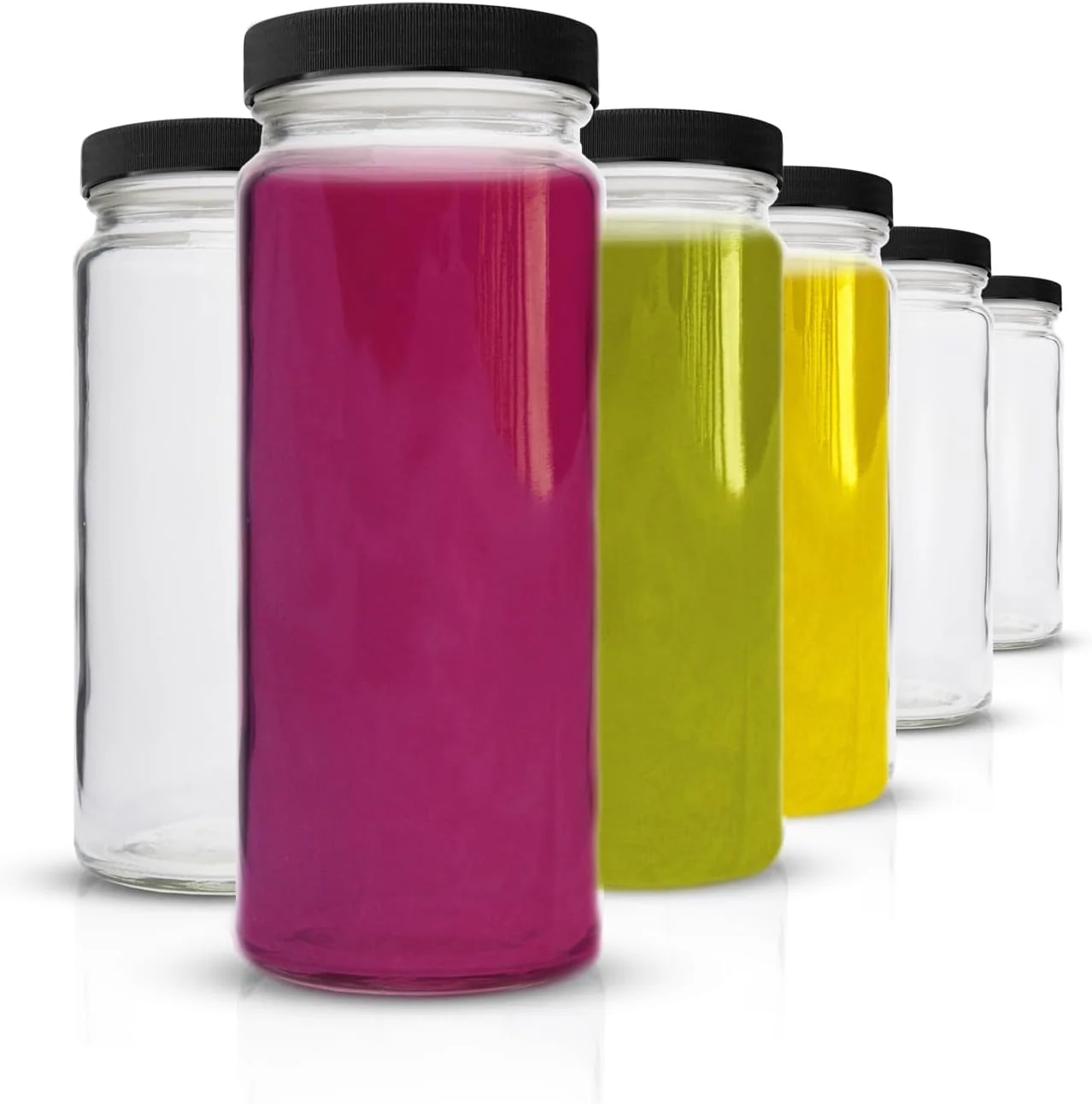 Casual All About Juicing Clear Glass Water Bottles Set – 6 Pack Wide Mouth with Lids for Juice Smoothies Beverage Storage – 16 oz Durable Reusable World-Class
