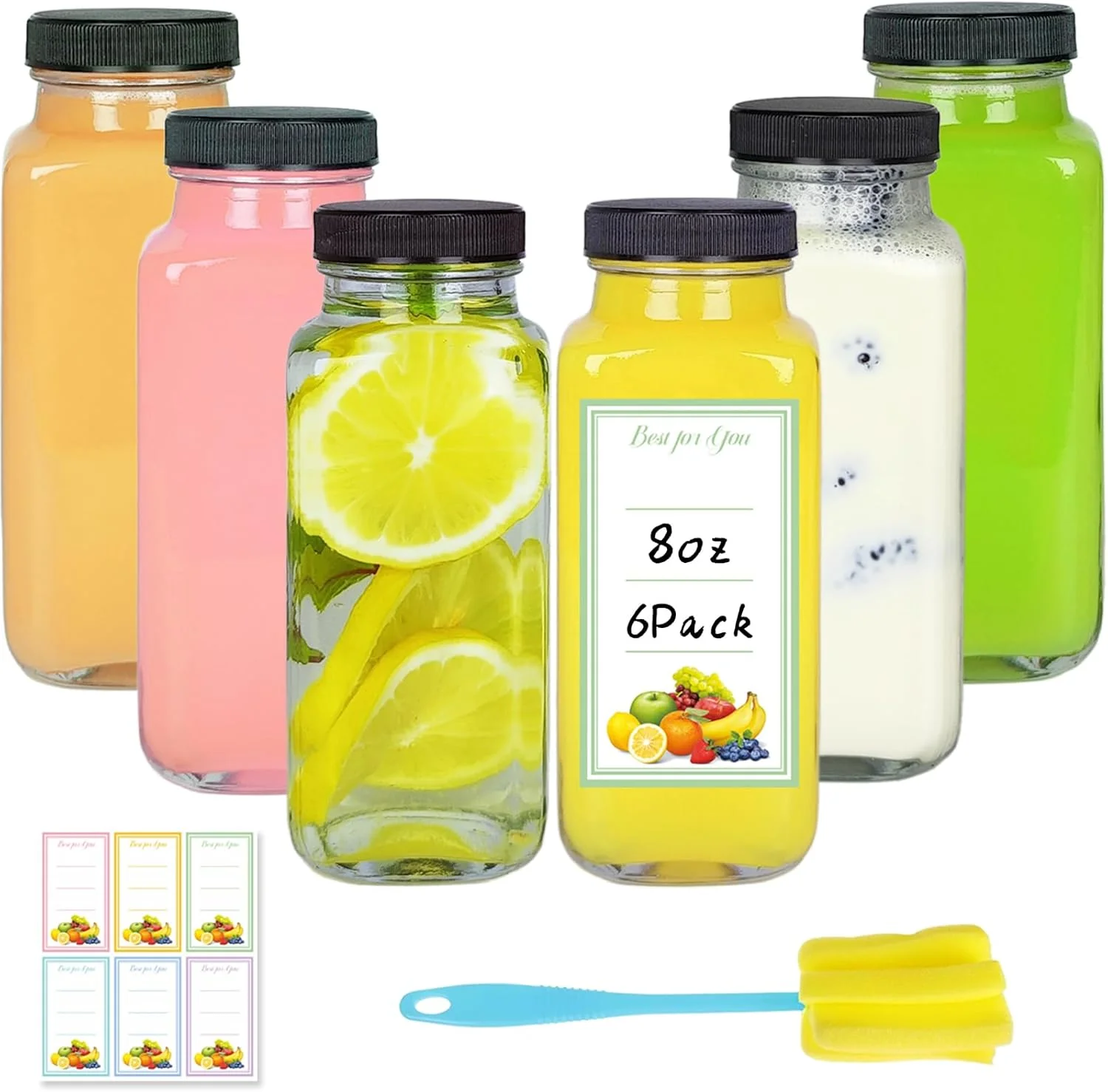 Professional 6 Pack 8oz Glass Juice Bottles with Lids 250ml Reusable Glass Juicing Bottles Square Drinking Jars Drink Containers with Caps for Water Milk Original Design