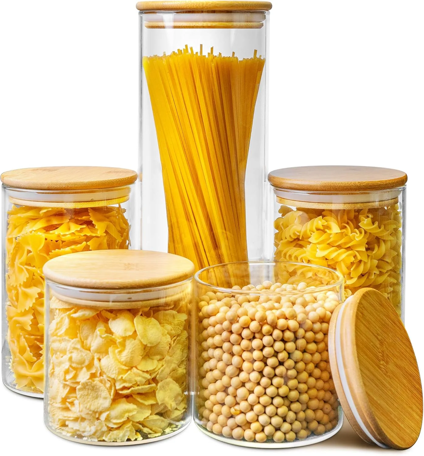 Premium Material Multi Size – 5 Pack Glass Jars with Bamboo Lids Glass Pantry Storage Containers with Airtight Lids Round Air Tigh Food Storage Canisters for Ce Breathable