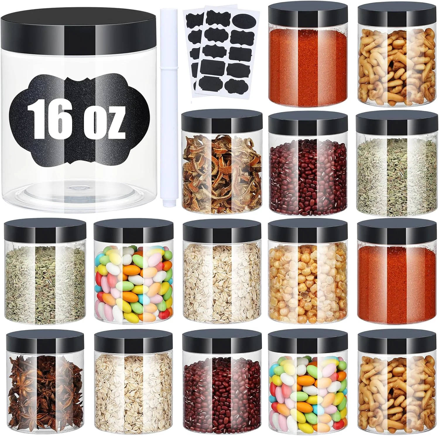 Elegant Plastic Jars with Lids 16 oz Plastic Containers with Lids Clear Airtight Container Storage Jar Mason Jars for Dry Food Peanut Butter Honey Jam Cosmetics Pack of 16 16 PCS Black Lids Proven