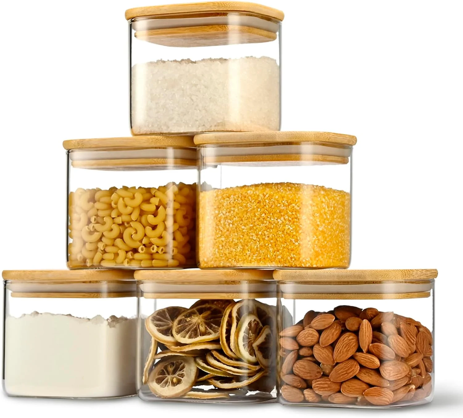 Environmentally Friendly 22oz Airtight Square Spice Containers with Bamboo Lid Set of 6 650ml Kitchen Pantry Organization Jar Stackable Spice Jar for Sugar Tea High-Quality