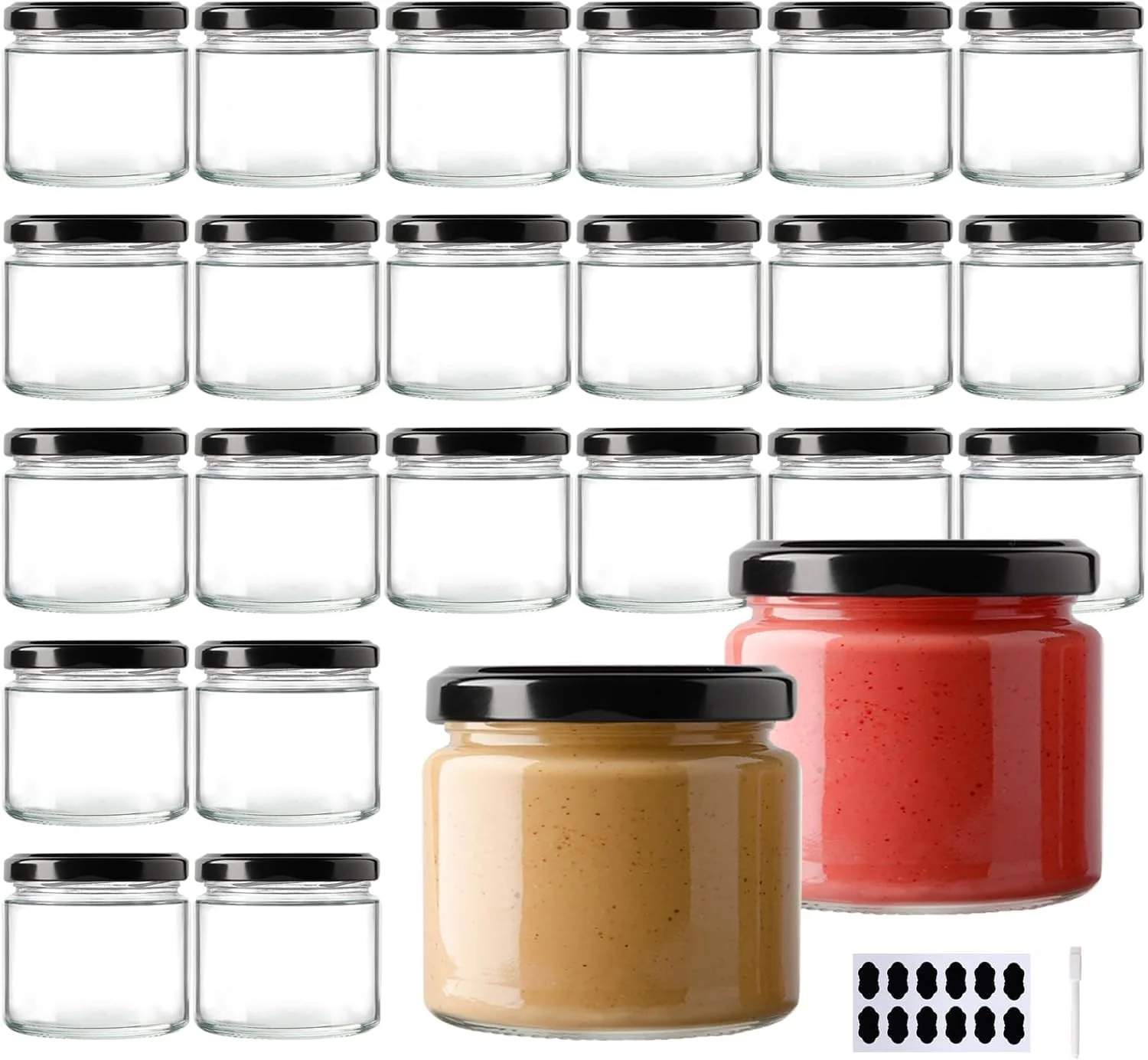 Original Design 24Pack 5oz Glass Jars with Lids 150ml Clear Small Mason Jars with 24 Stickers Mini Canning Jar for Jam Jelly Honey Pickles Spice Relaxed