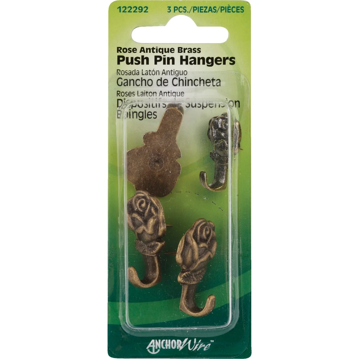 Elegant Hillman Anchor Wire Antique Brass Rose Decorative Push Pin Hanger 3 Count Stylish
